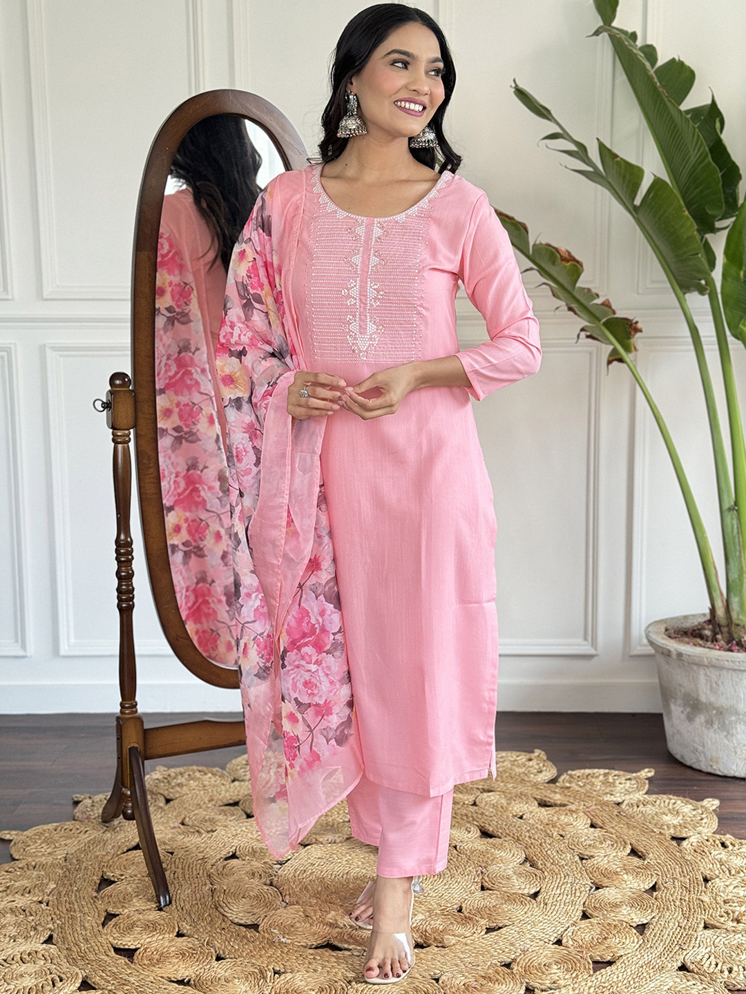 TWINS LADY Geometric Yoke Design Sequinned Straight Kurta with Trousers & Dupatta