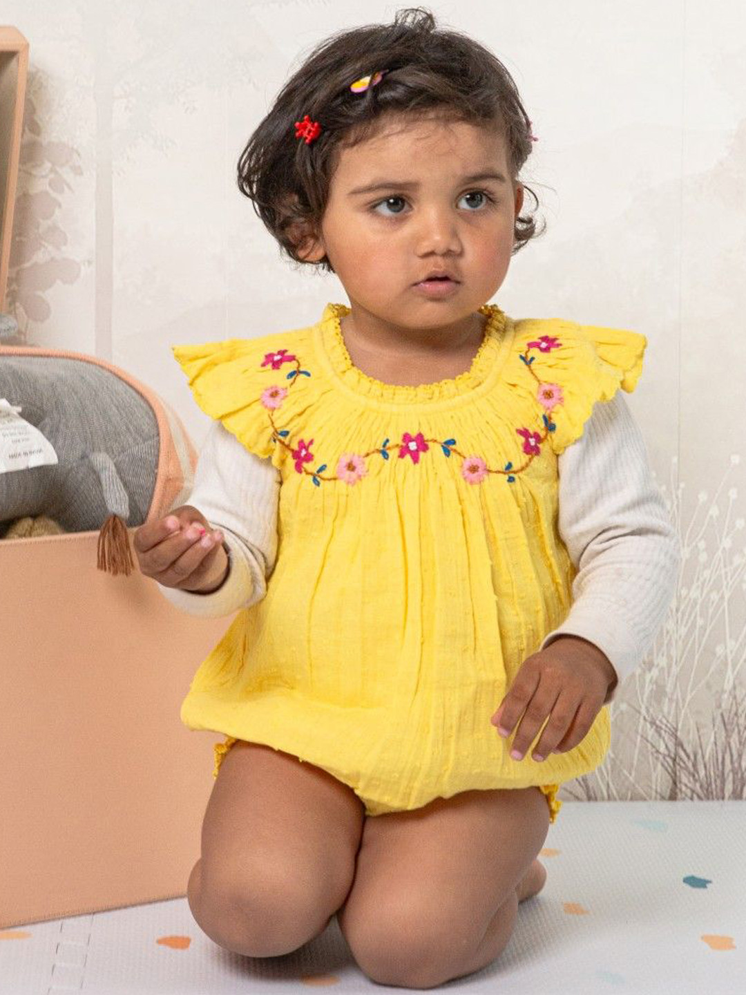 THE BABY TRUNK Infant Sunshine Yellow Floral Cotton Skin-Friendly Bodysuit