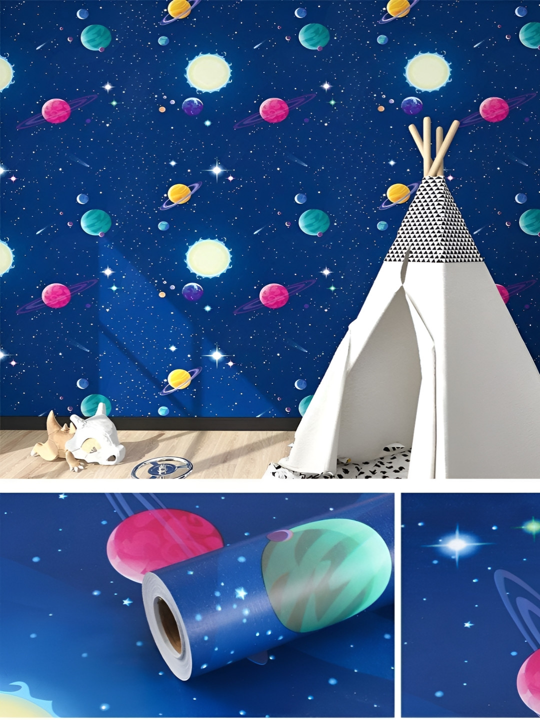 INDIAN ROYALS White & Blue Printed Planet Design Vinyl Home Dcor Waterproof Wallpaper