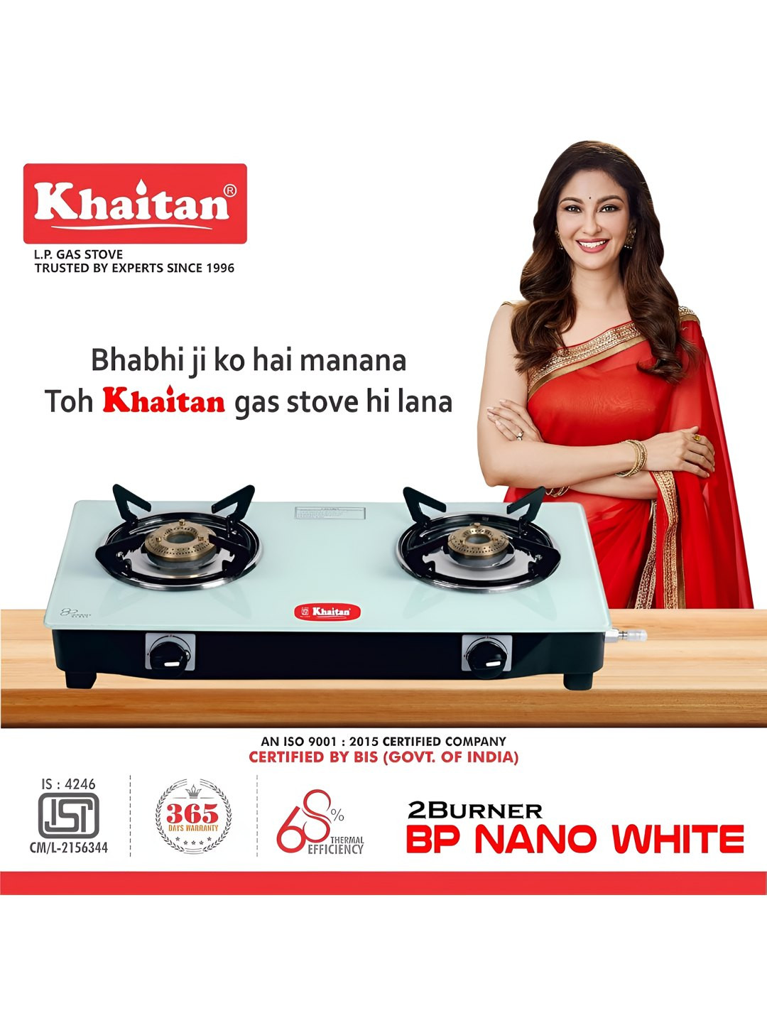 Khaitan Black & White Glass 2 Burners Manual LPG Gas Stove