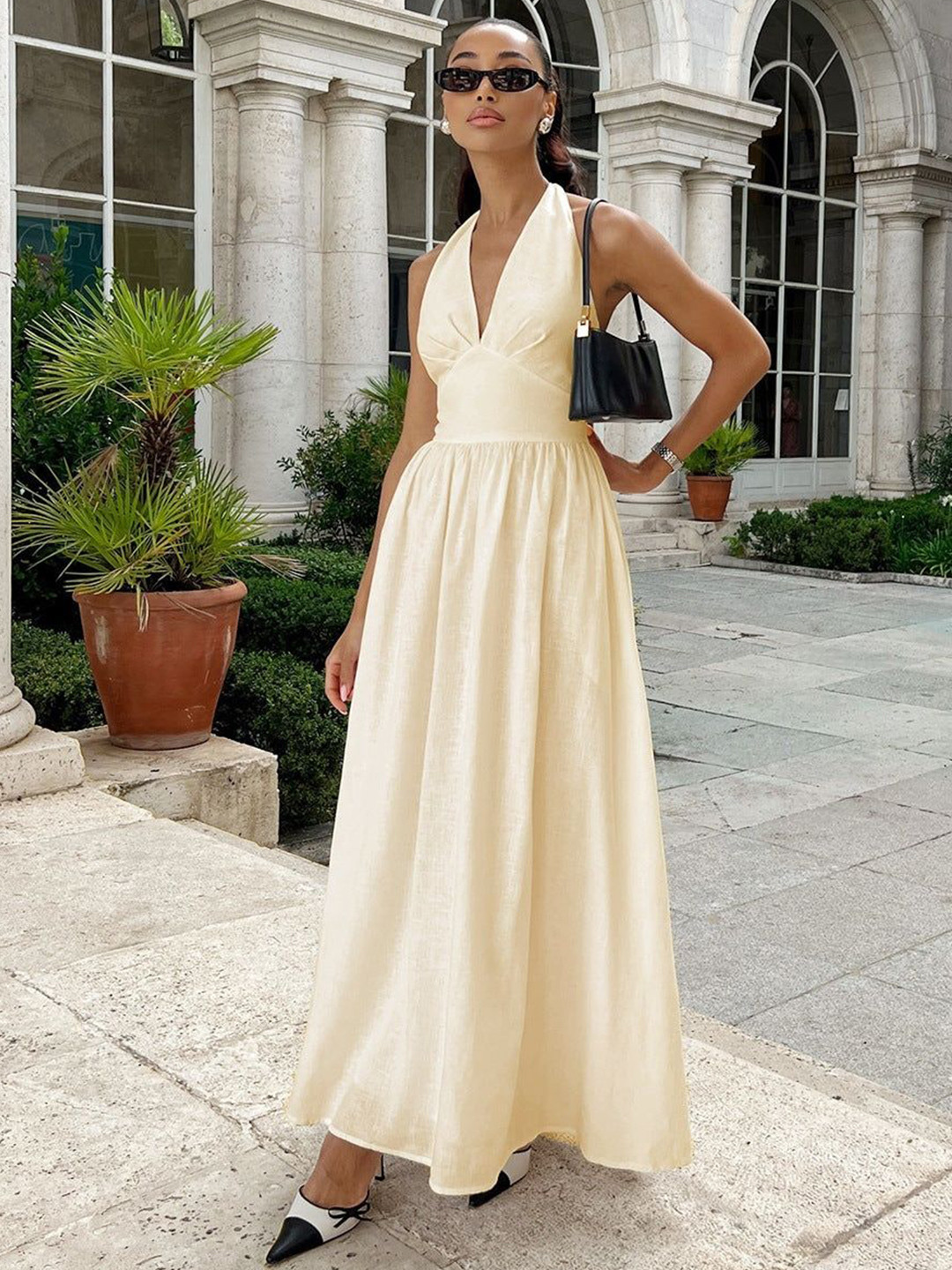 Miss Mosa By Akanksha  Solid Beige Arina Halter Neck Summer Holiday Maxi Dress