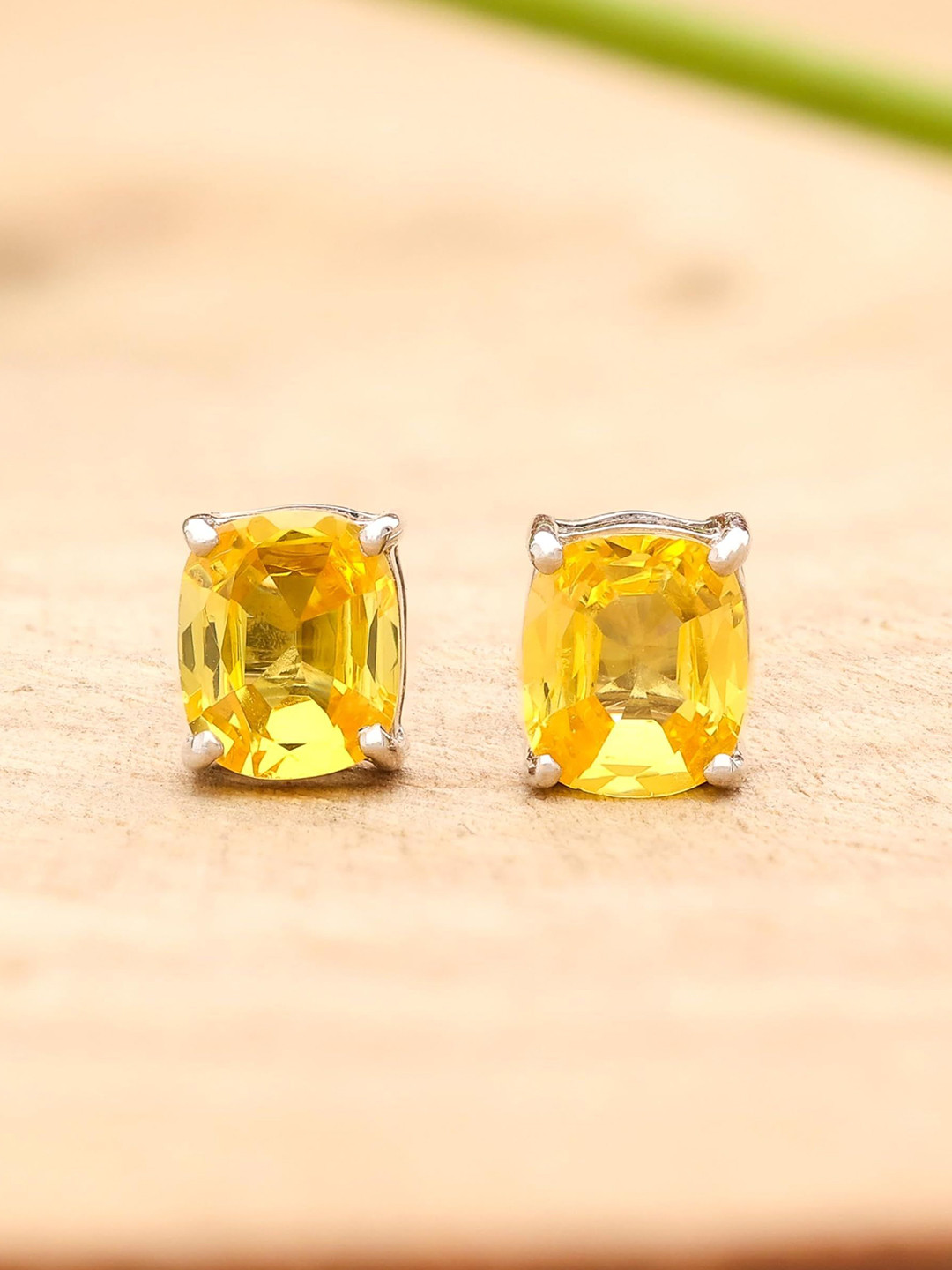 AMONROO 925 Sterling Silver Rhodium-Plated Square Shaped Citrine Cubic Zirconia Studs