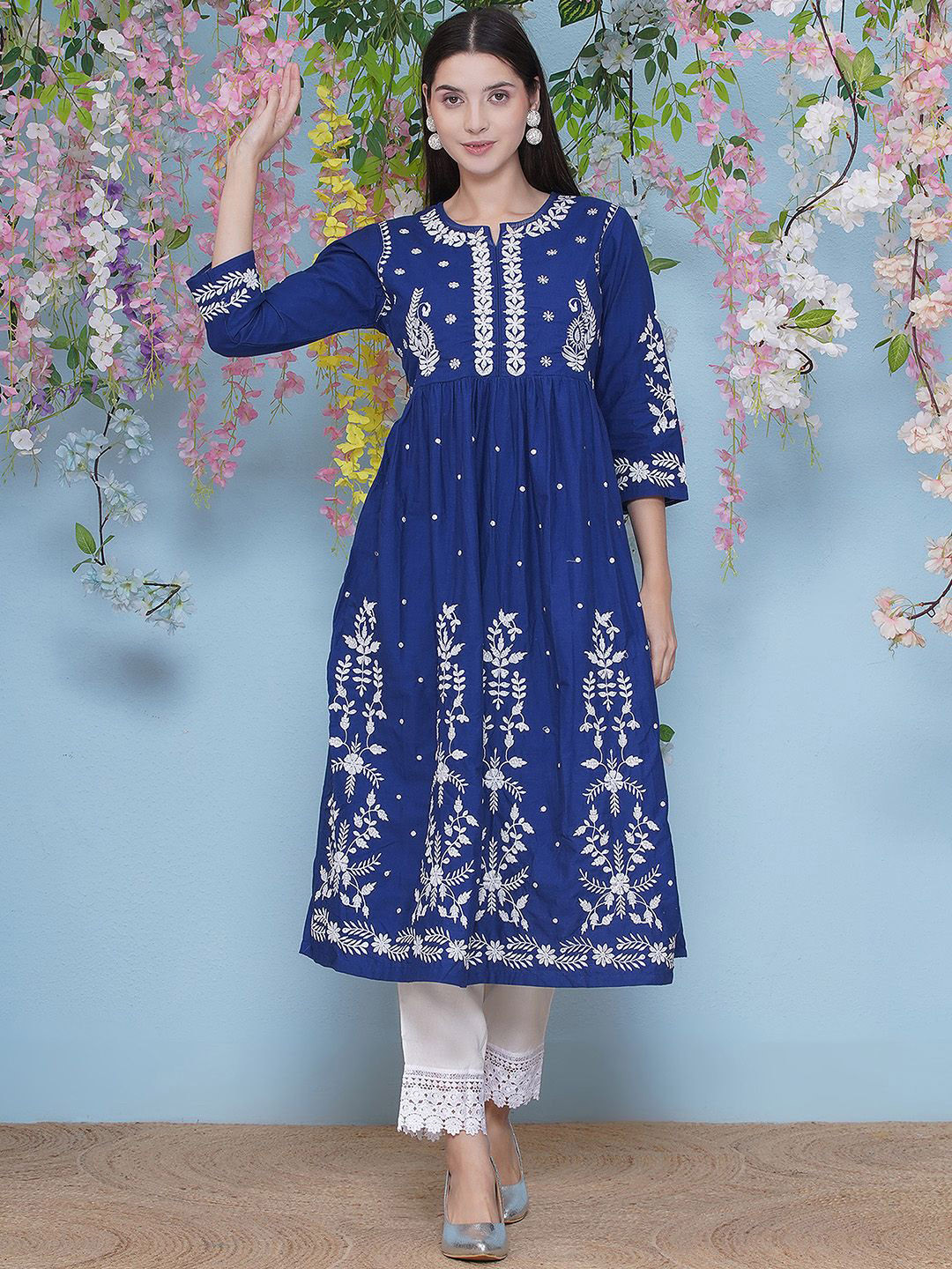 LABEL KASHI Women Floral Embroidered A-Line Cotton Kurta Set