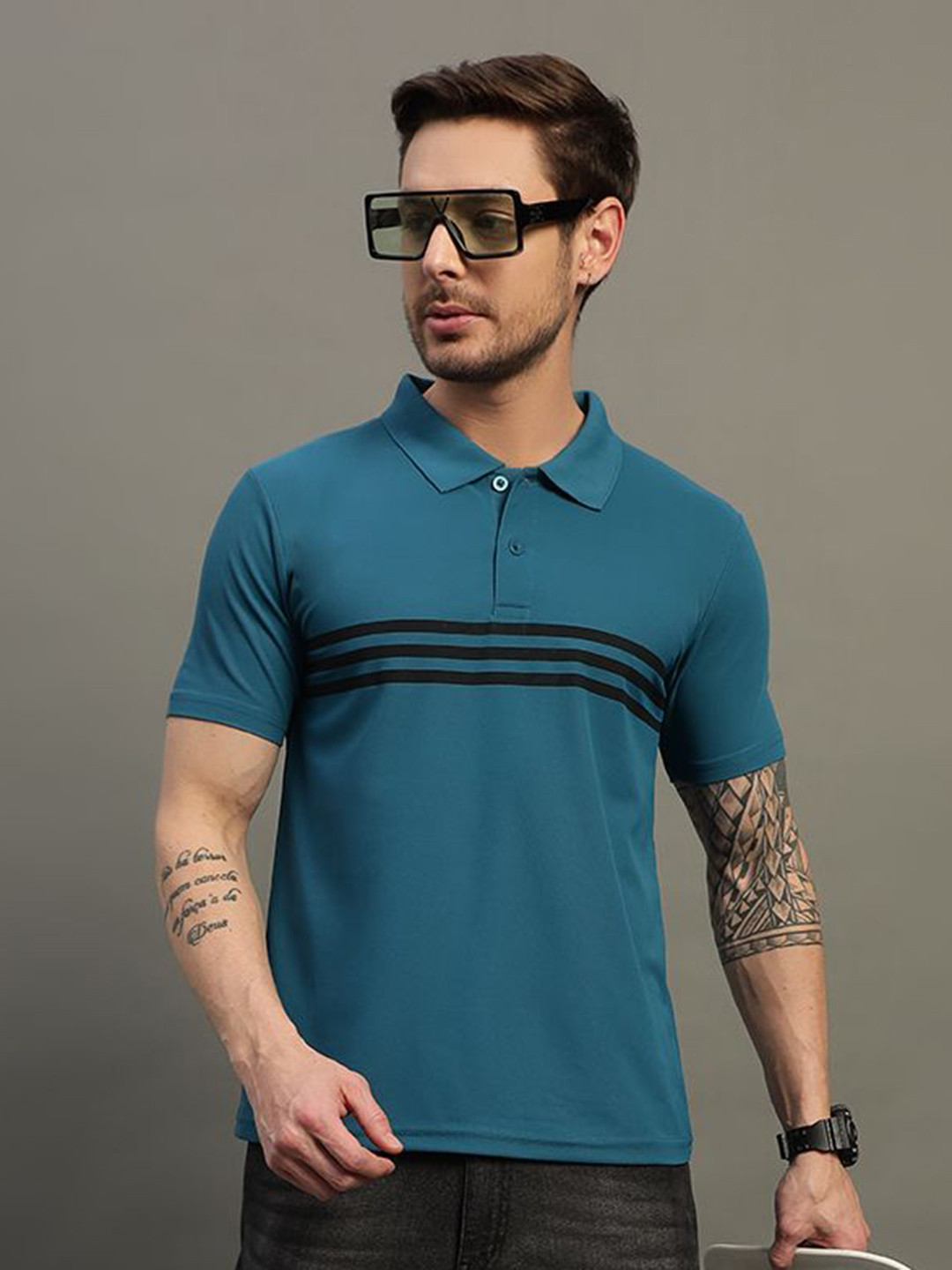 TIMBER HITCH Striped Short Sleeves Polo Collar Cotton T-shirt