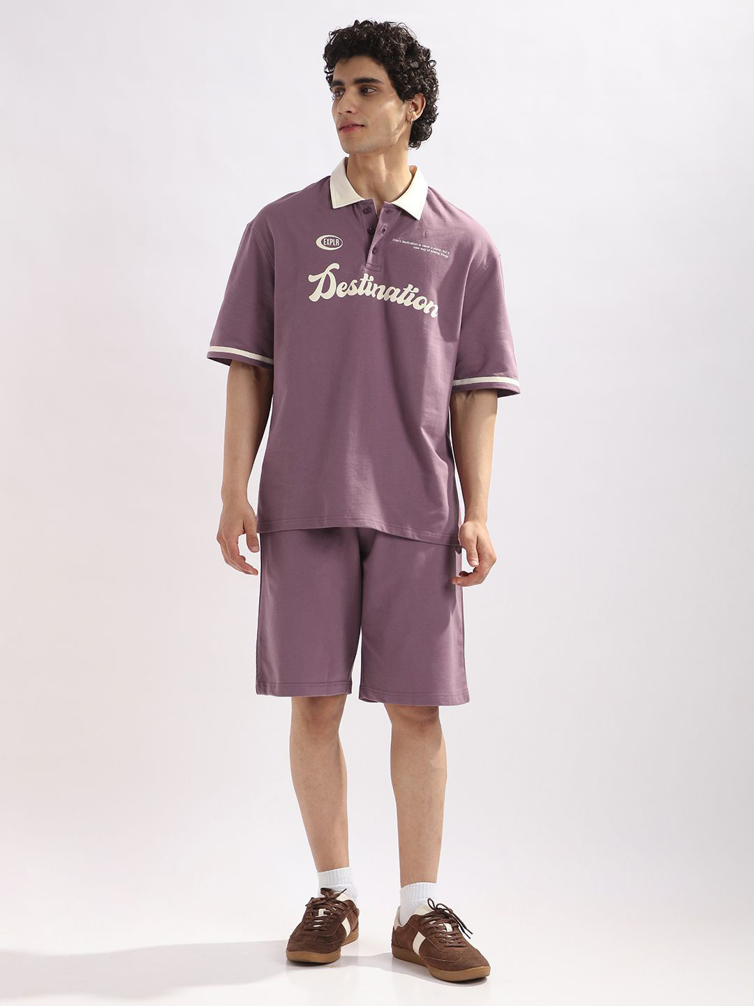 NOBERO Men Oversized Varsity Voyage Printed T-shirt & Shorts Co-Ords