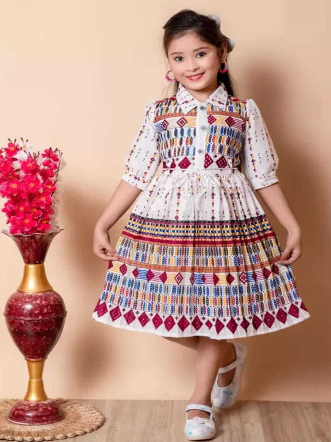 GREEN DRAGONFLY Girls Geometric Printed Cotton Fit and Flare Knee Length Dress