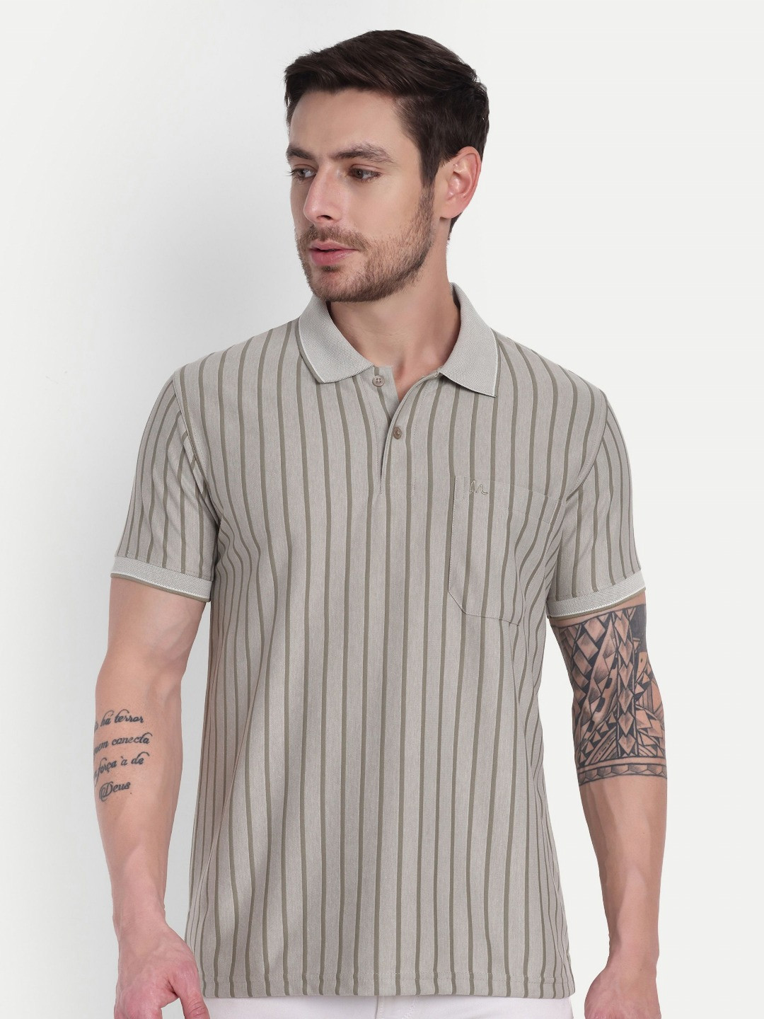 HAUTEMODA Striped Pure Cotton Polo Collar T-shirt