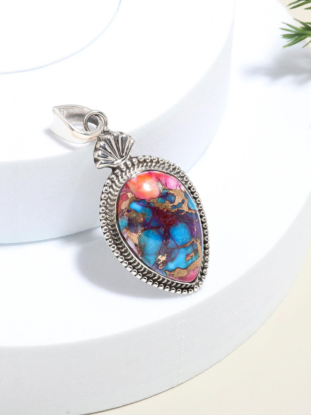ORO ALMA Nebula Rhodium-Plated Silver Turquoise Studded Teardrop Shaped Tide Pendant