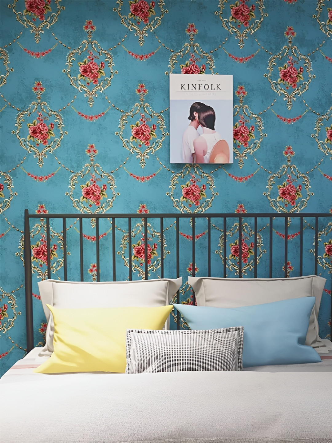 INDIAN ROYALS Blue & Pink Printed Damask Flower Design Waterproof Wall Sticker