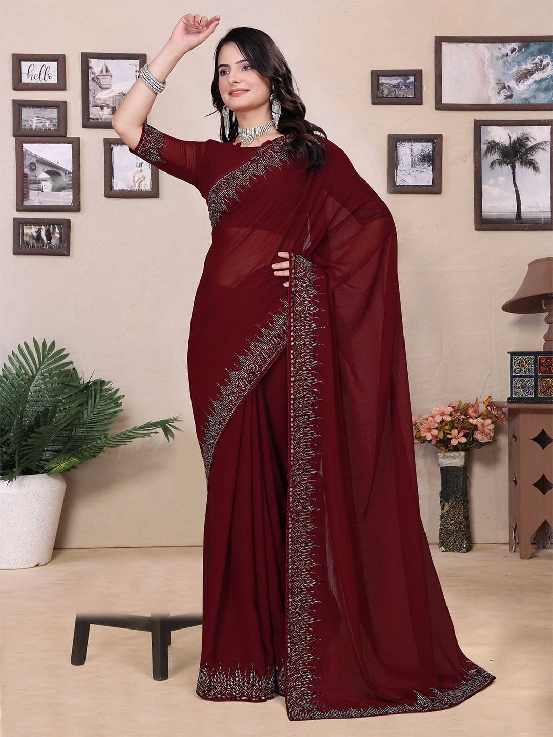 Sadika Beads and Stone Embellished Saree With Blouse Piece