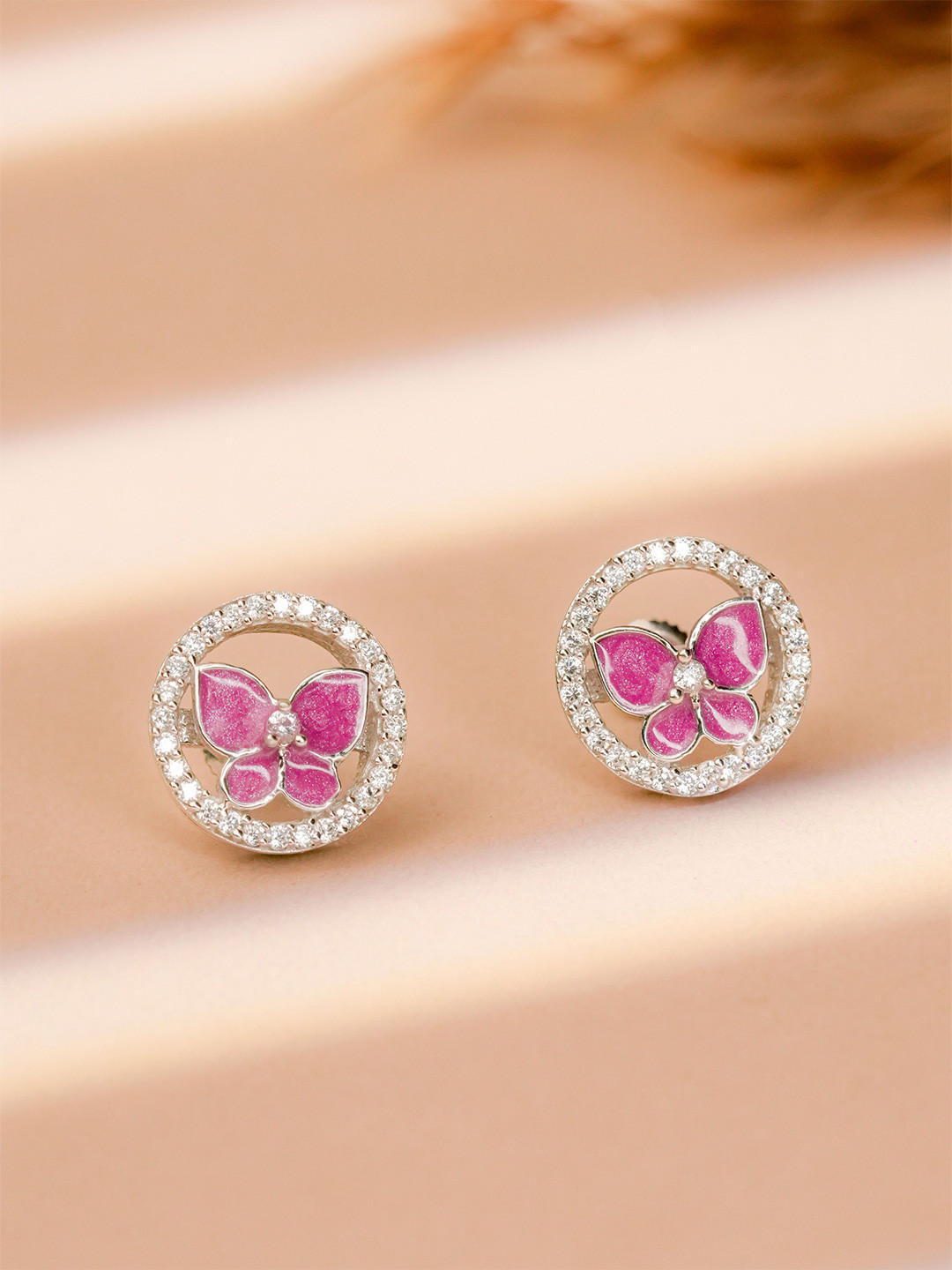 ShimmerTots 925 Sterling Silver Rhodium-Plated Pink Glitter Butterfly in a Ring Studs