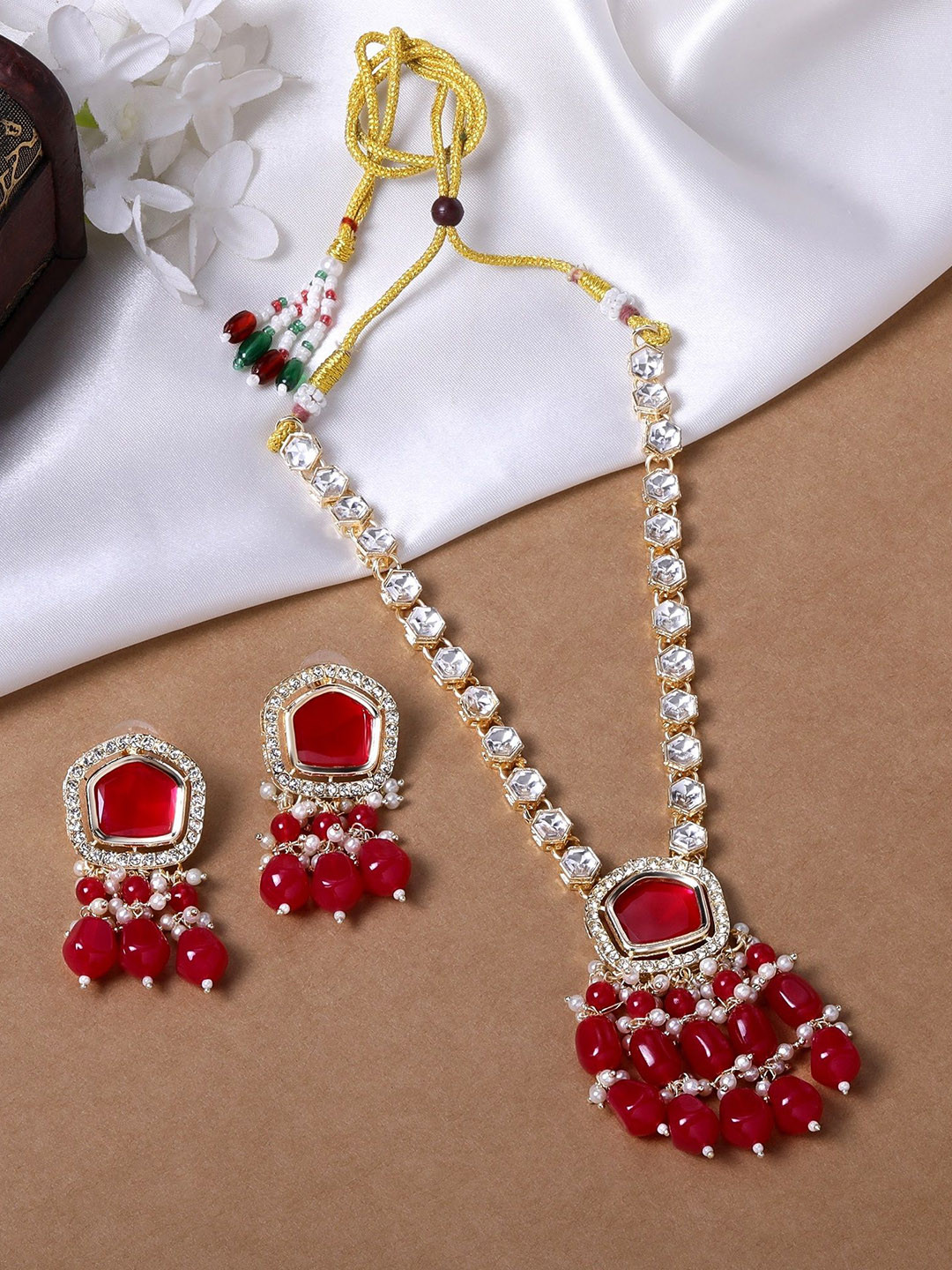 Mahi Rani Pink Beads Drop Multistrand Beaded Necklace & Earring Set