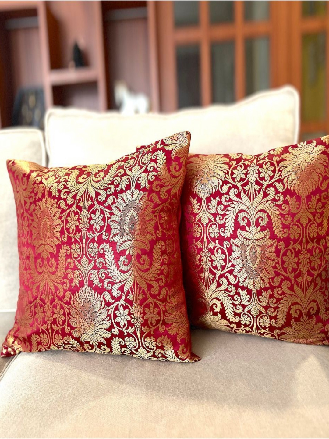 PILOVILO Maroon & Gold-Toned Set of 2 Ethnic Motifs Square Cushion Covers