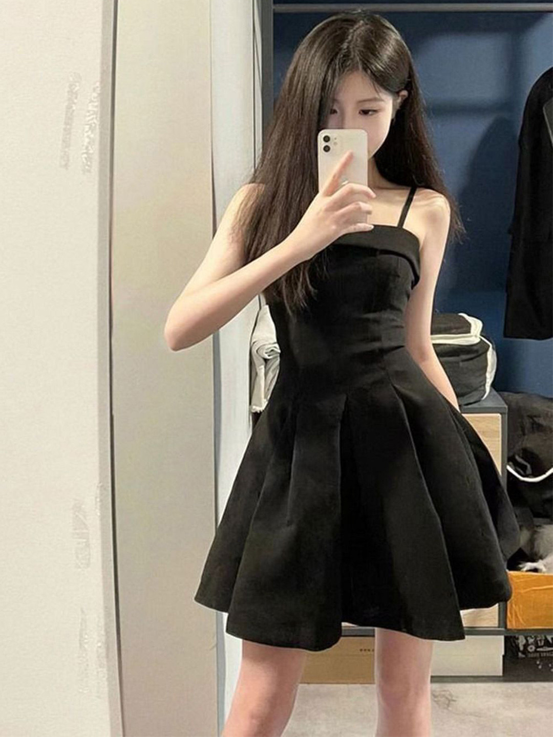 bebe Black Spaghetti Strap Pleated Fit & Flare Mini Dress
