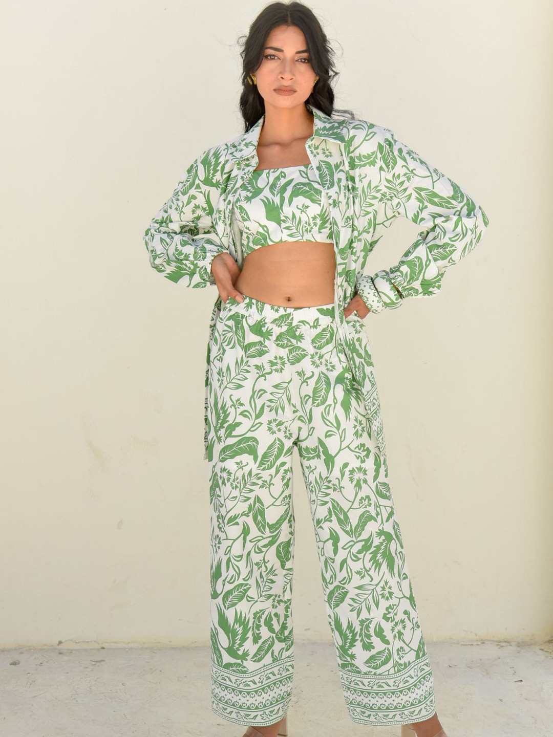Branche Printed Pure Cotton Shirt Collar Neck Top Shirt With Trousers Co-Ords