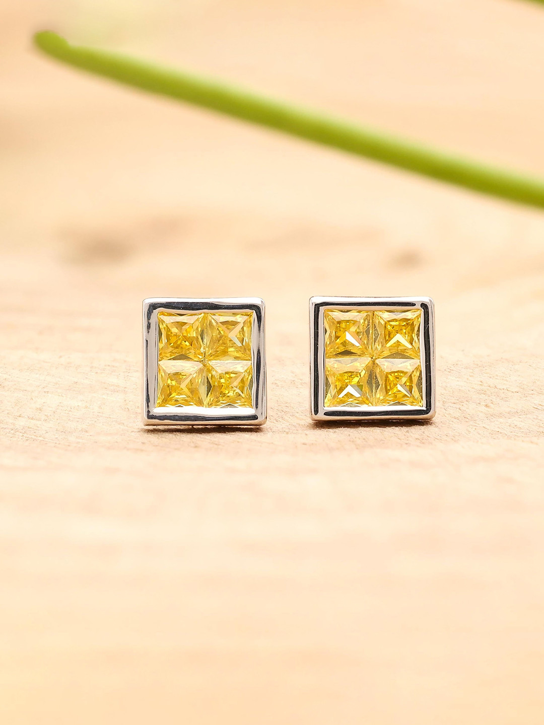 AMONROO 925 Sterling Silver Rhodium-Plated Princess Citrine & CZ Studded Square Studs