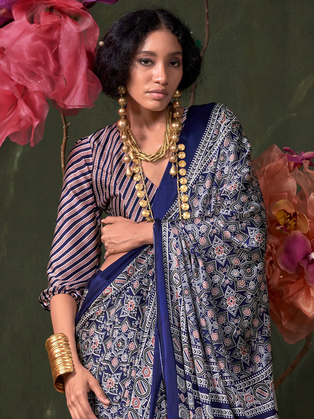 Mitera modal Ajrak Block Printed Saree with Matching Blouse