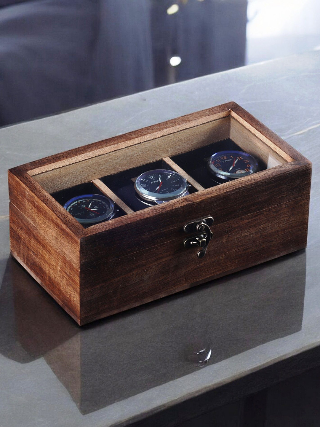 Creation India Craft Brown 3 Slots Wooden Watch Organiser