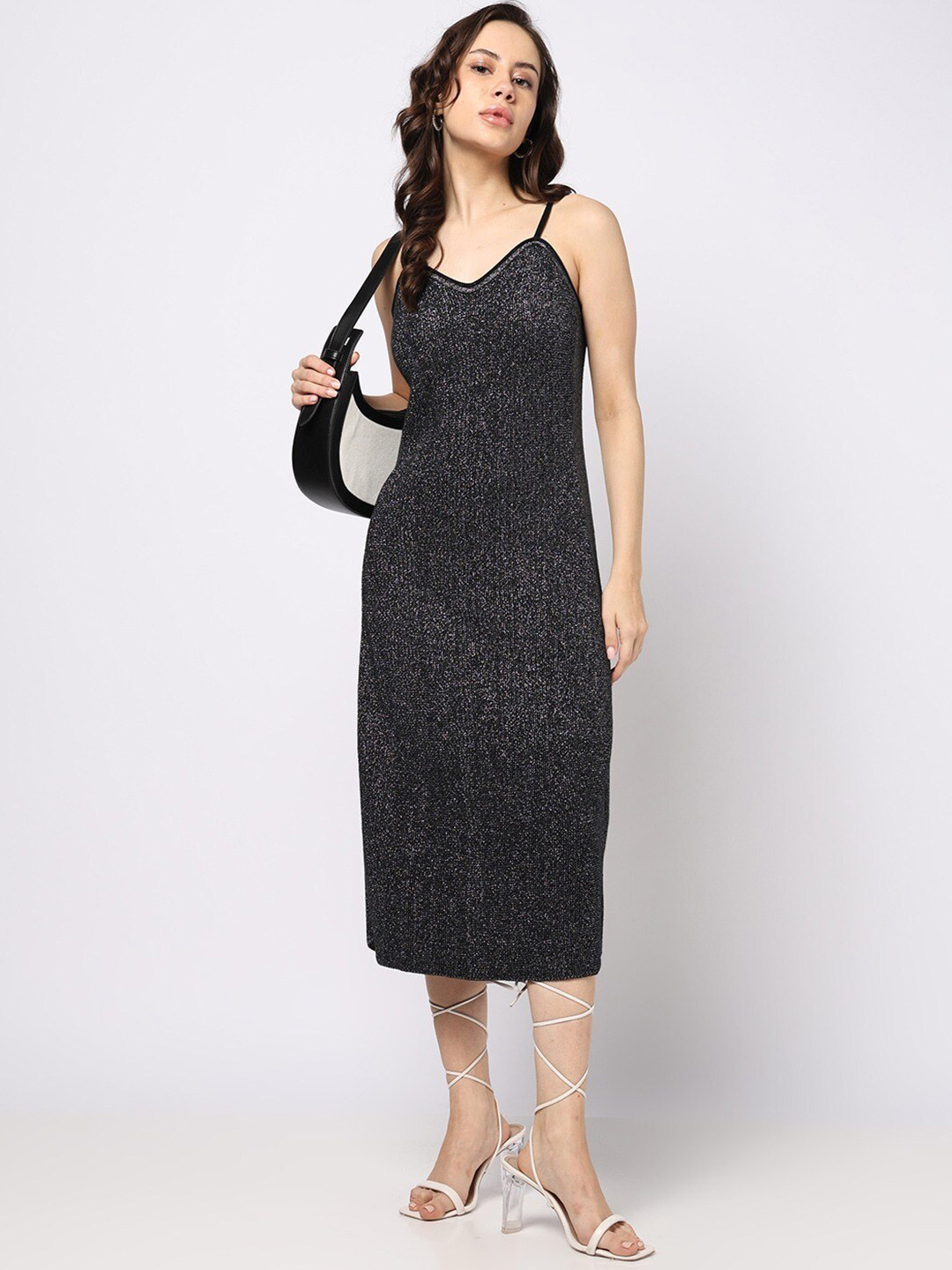 GAP Metallic Finish Pure Cotton Shoulder Straps Knitted Bodycon Midi Dress