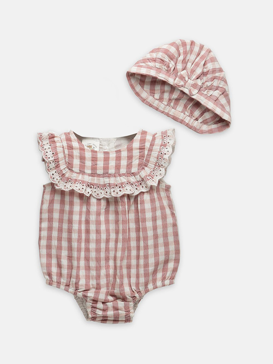 THE BABY TRUNK Infant Girls Rust Check Cotton Bodysuit with Cap