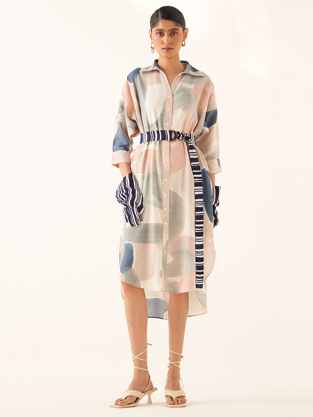 OFRIDA Women Geometric Print Shirt Long Sleeves Midi Dress