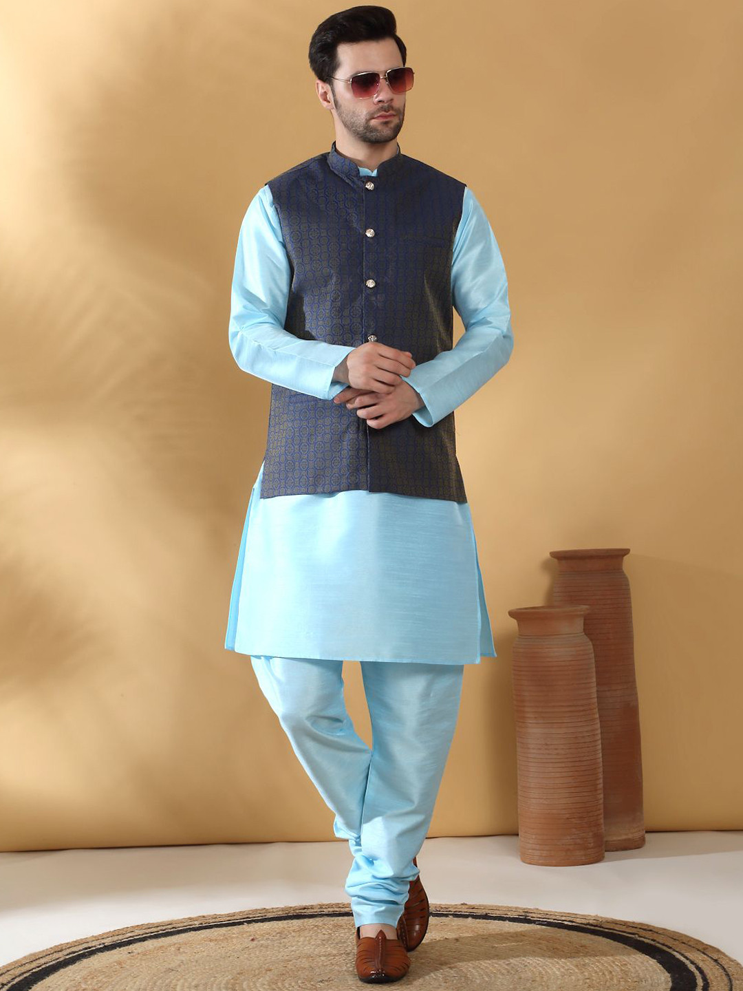 KRAFT INDIA Men Solid Regular Kurta, Churidar with Nehru jacketh