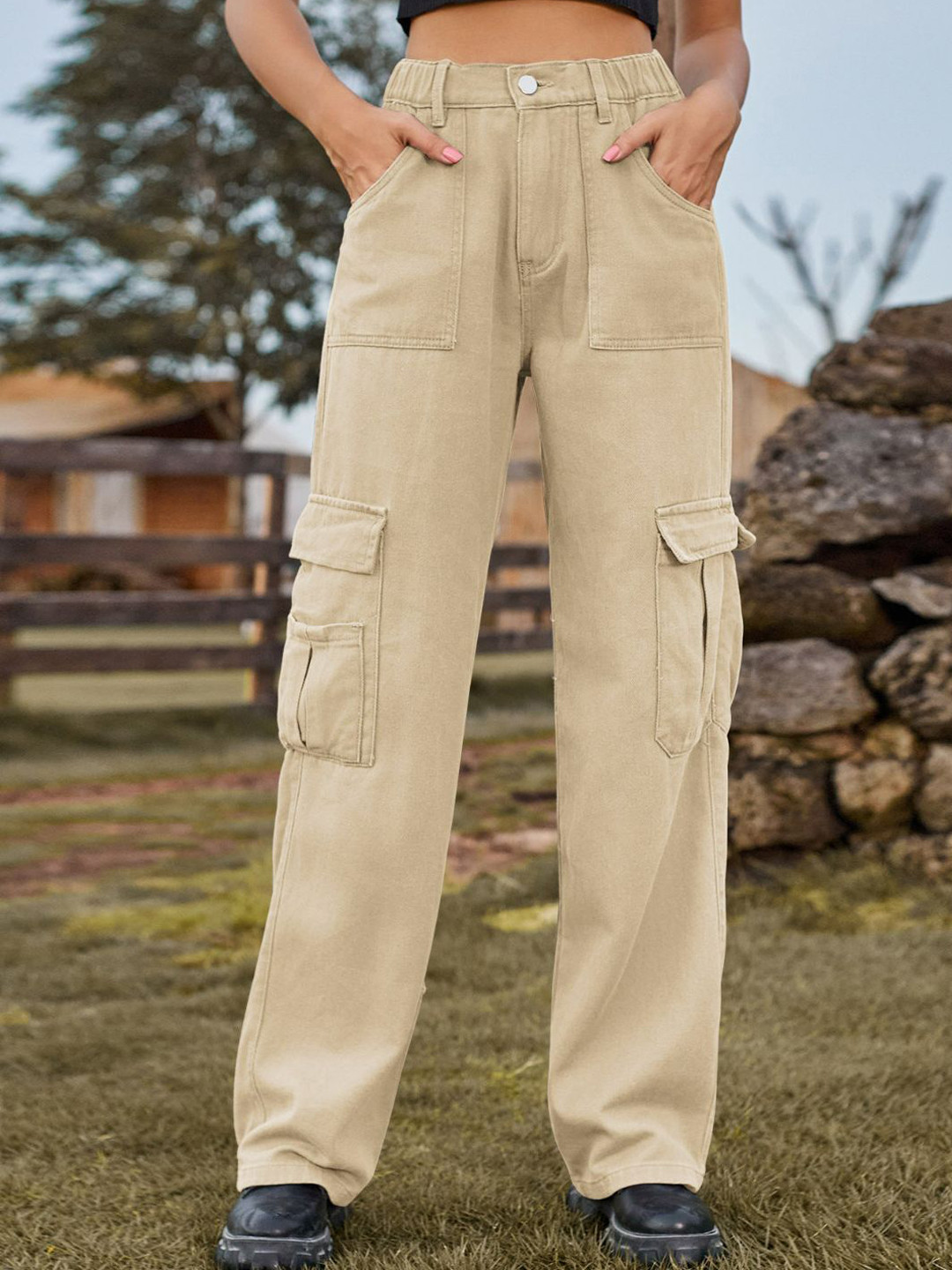 The Roadster Lifestyle Co . Women Elastic Waist Denim Overalls Casual Pants