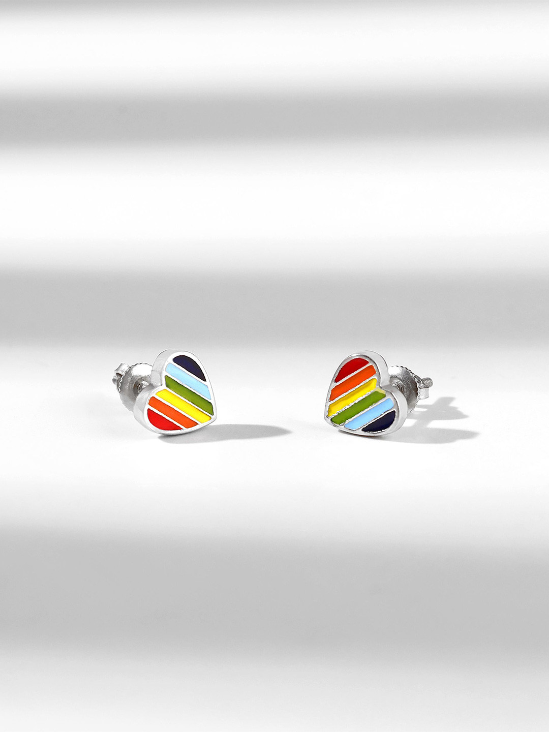 ShimmerTots 925 Sterling Silver Rhodium-Plated Rainbow Heart Studs For Girls