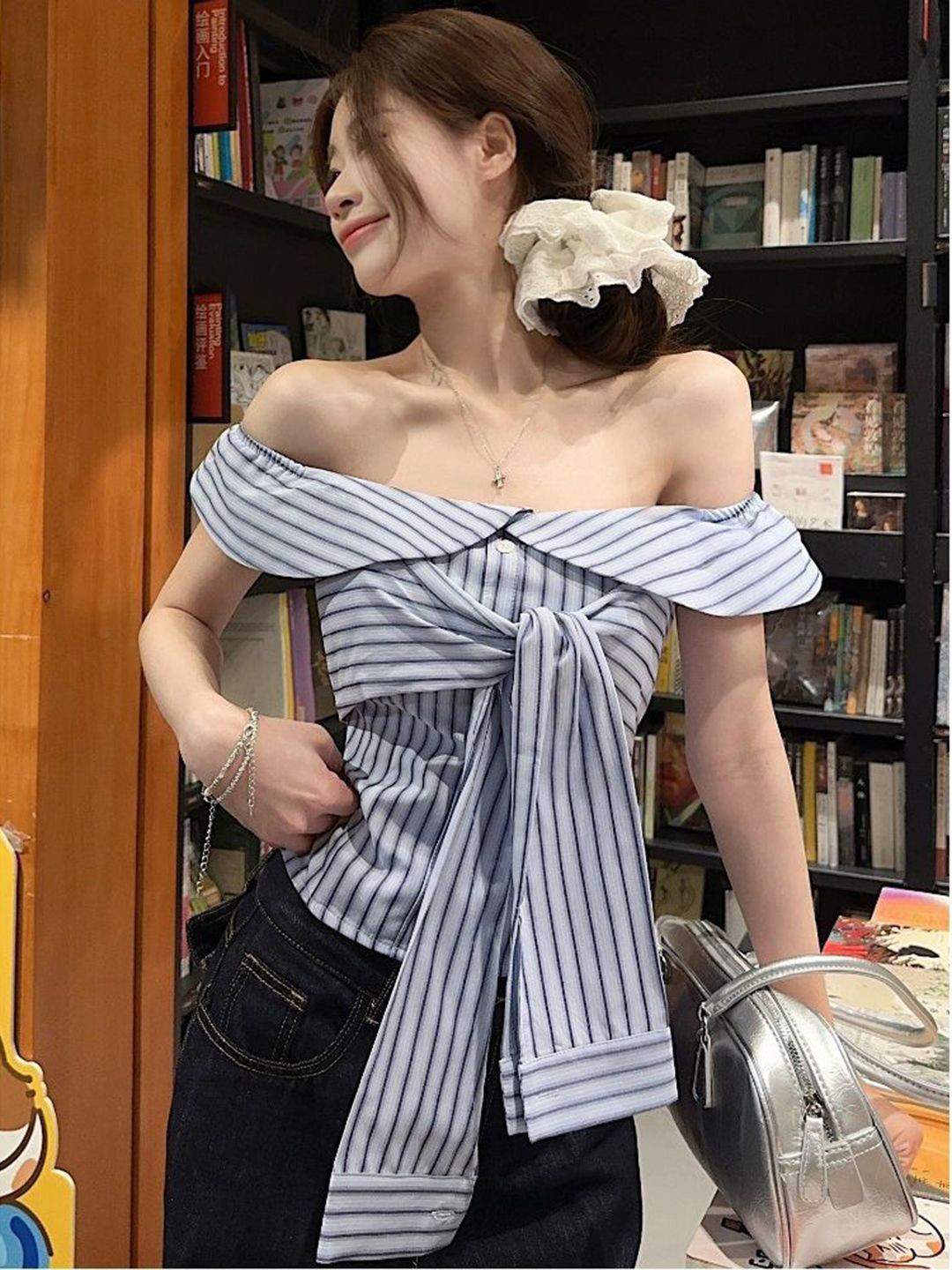 bebe Striped Off-Shoulder Tie-Front Top