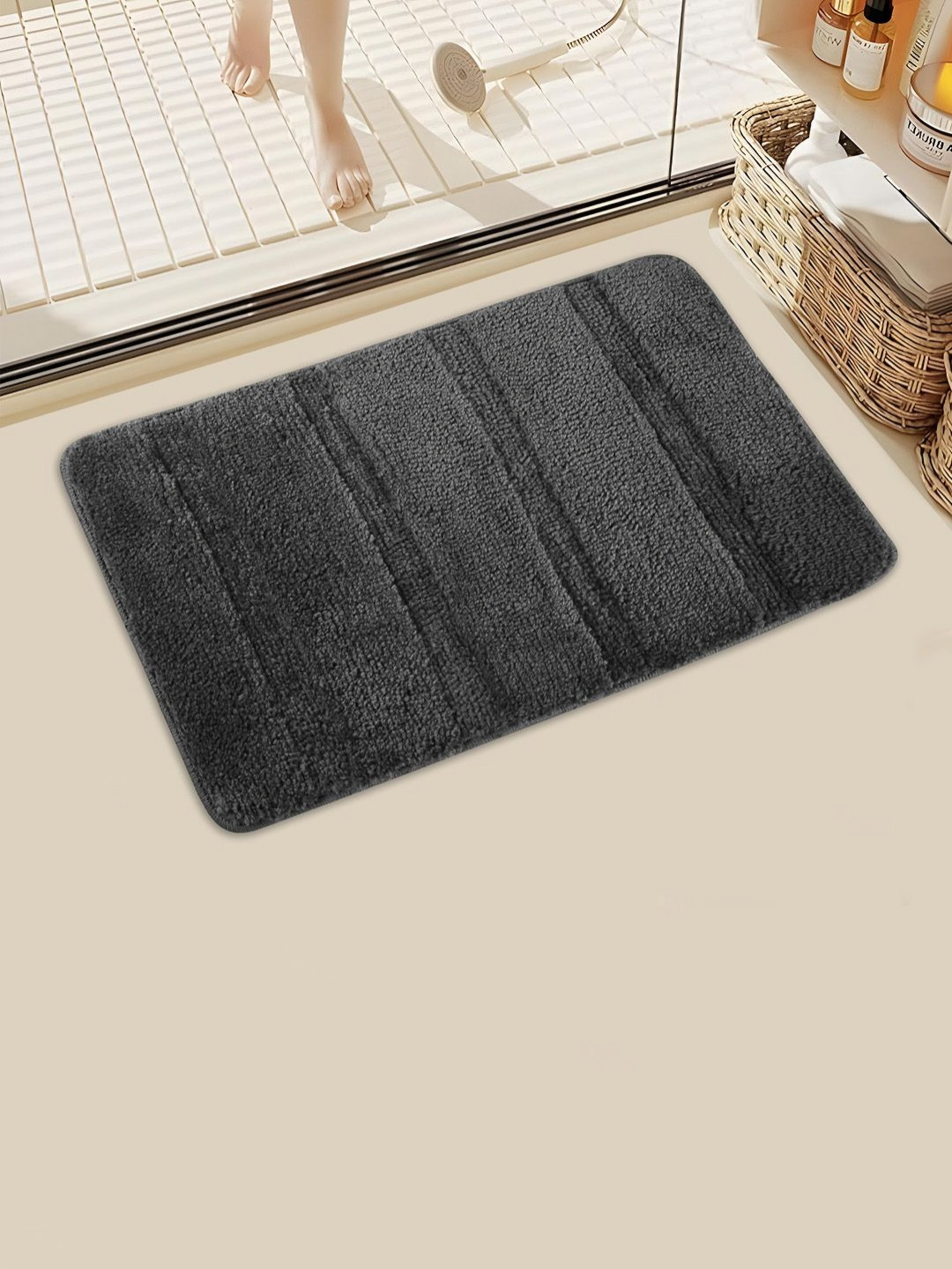 Aura Grey 4 Stripes Velvet Anti Skid Bath Rug