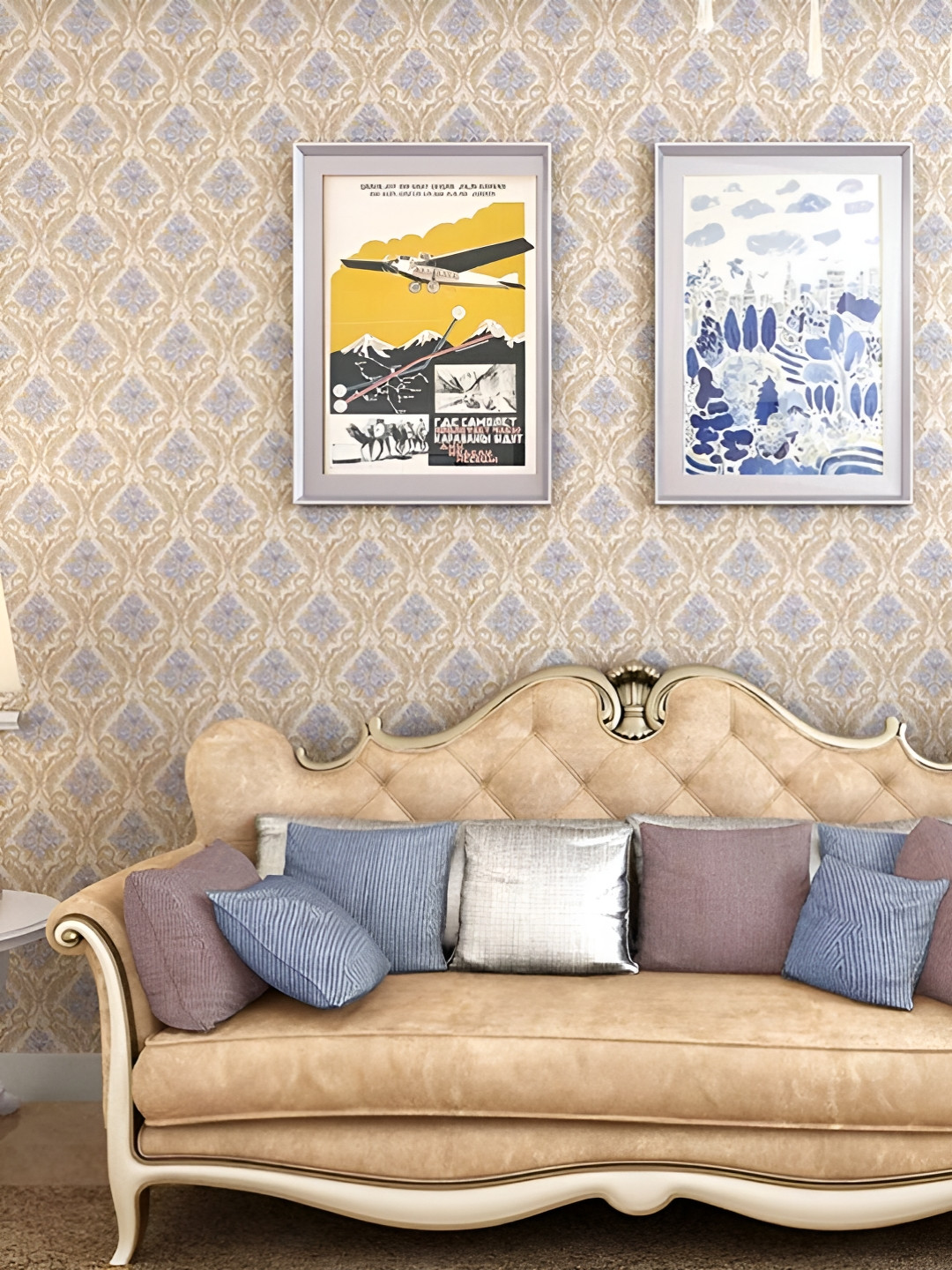 INDIAN ROYALS Beige & Blue Printed Vintage Damask Design Waterproof Wall Sticker