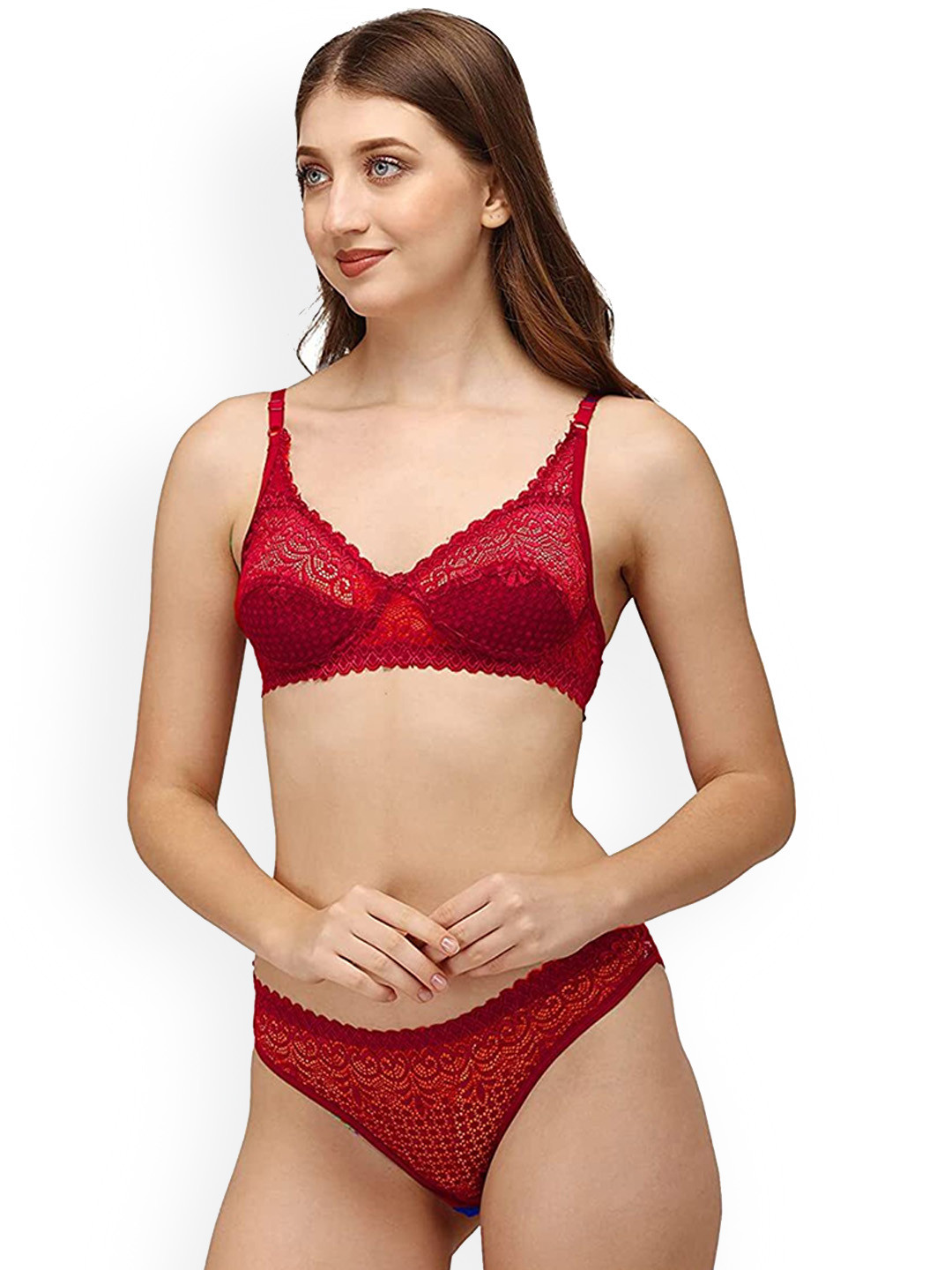DHANDAI FASHION Self Design Non Padded Lingerie Set  Decent Set-Red (M-1-1P)-