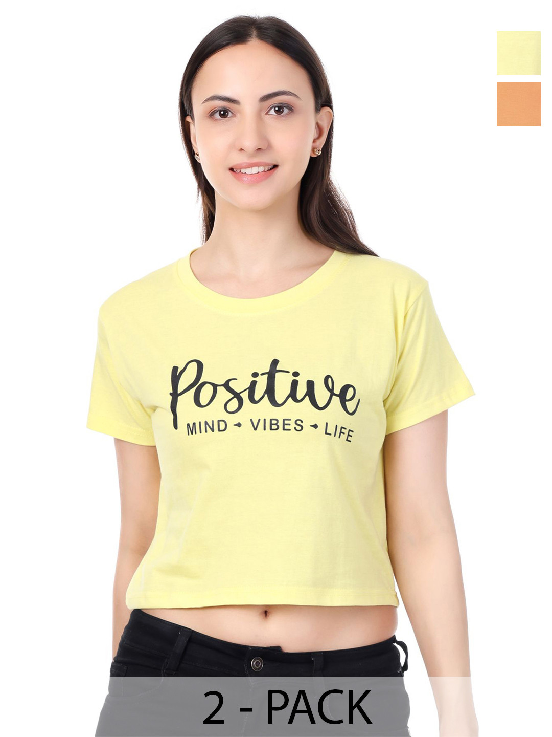 LOVO Girls Pack of 2 Typography Print Round Neck Half Sleeve Cotton Crop Top
