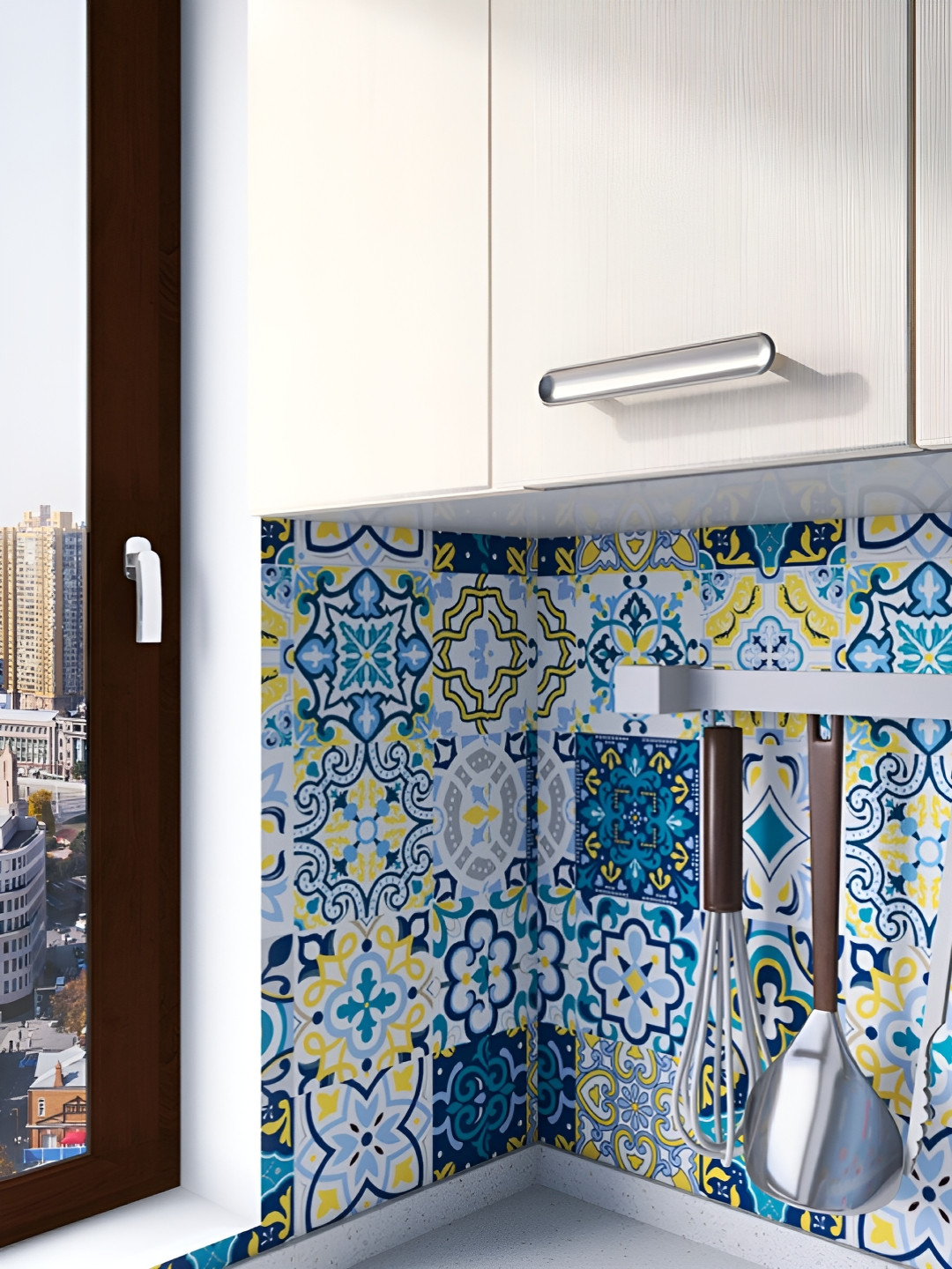 INDIAN ROYALS Blue & Yellow Printed Square Tile Design Kitchen Waterproof Wallpaper