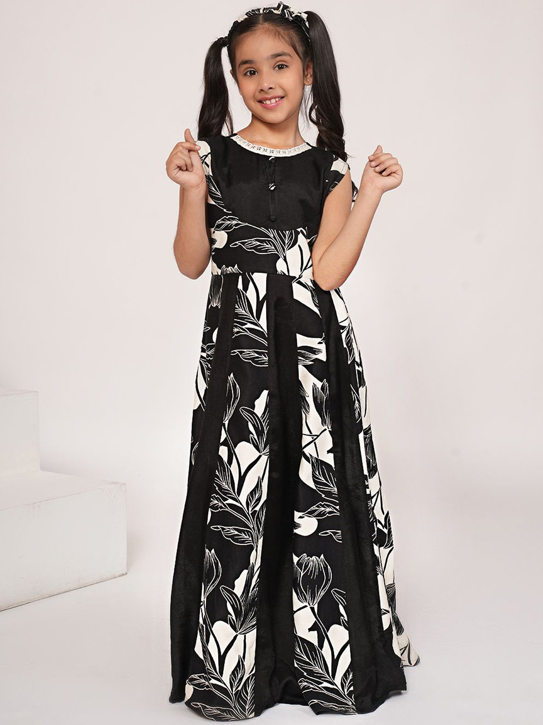 ADORNIA Girls Floral Printed Fit & Flared Maxi Ethnic Dress With Matching Headband