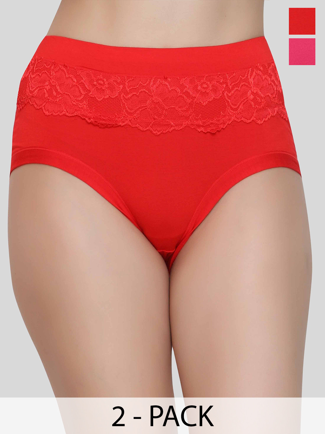Glamoras 2-Pc High-Rise Seamless Lace Trim Hipster Briefs GL-LACEPANTY-1237-RED-D.PINK-L