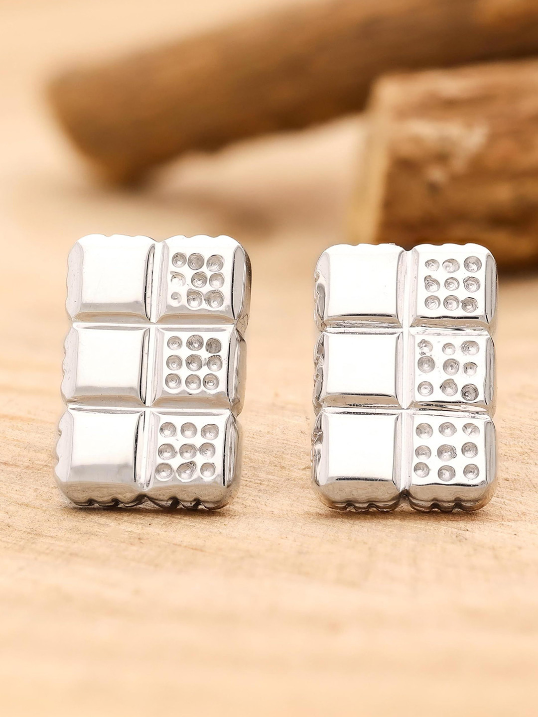 AMONROO 925 Sterling Silver Rhodium-Plated Block Design Texture Square Studs Earrings