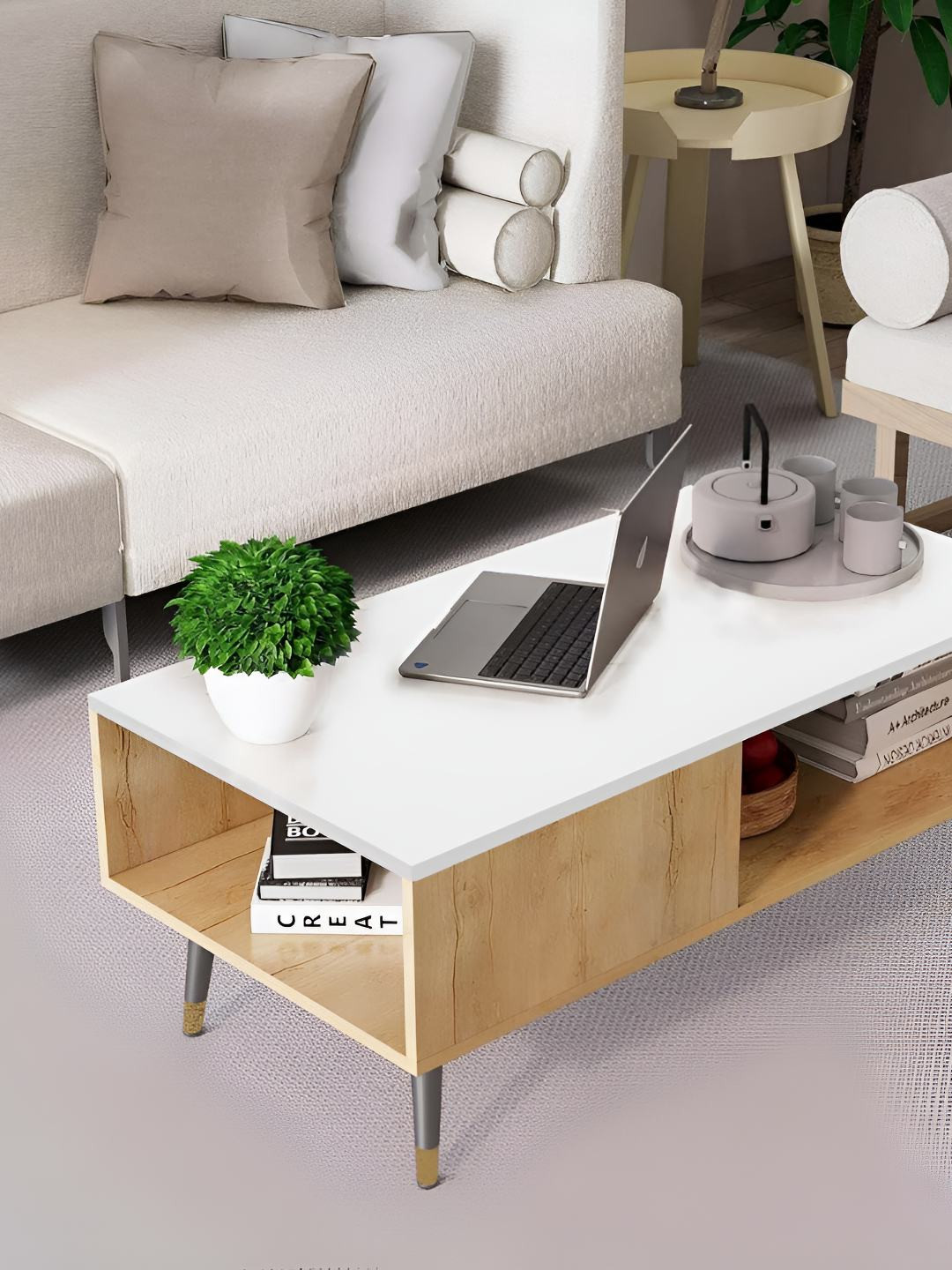 HEXA RED White & Beige Wooden Rectangular Coffee Table