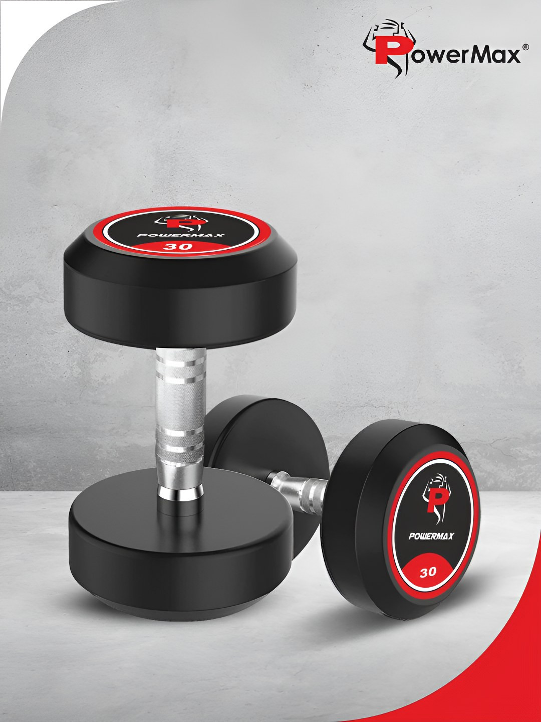 PowerMax Fitness Set of 2 Rubber Coated Round Weight Dumbbells - 30kg
