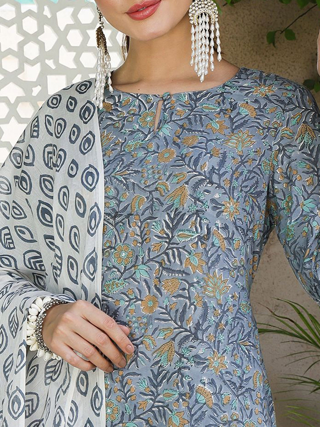 Taavi Women Hand Block Print Straight Calf Length Kurta With Trousers & Dupatta