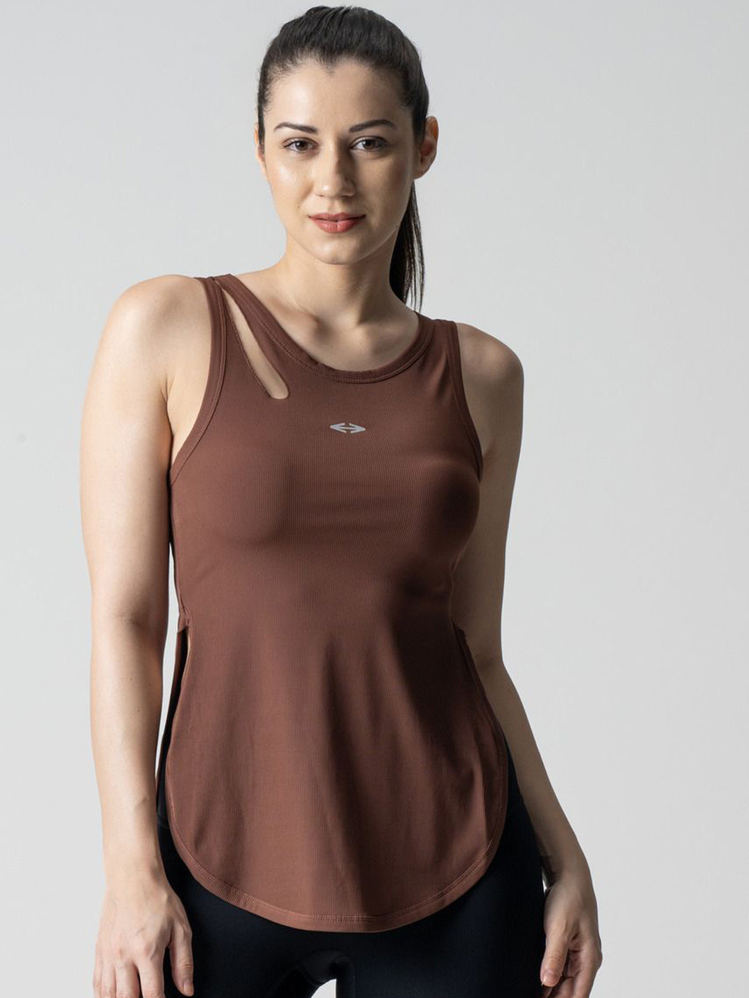 STRCH Women Round Neck Ribbed Cut Out Sleeveless Tank Top