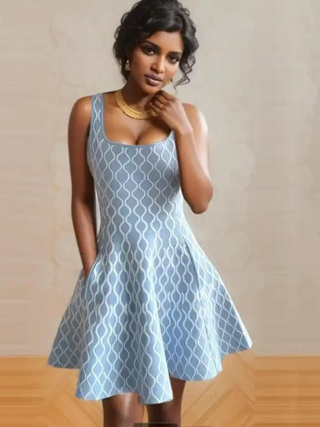 Miss Mosa By Akanksha  Women Blue Elegant Luxe Short Knit A-Line Dress