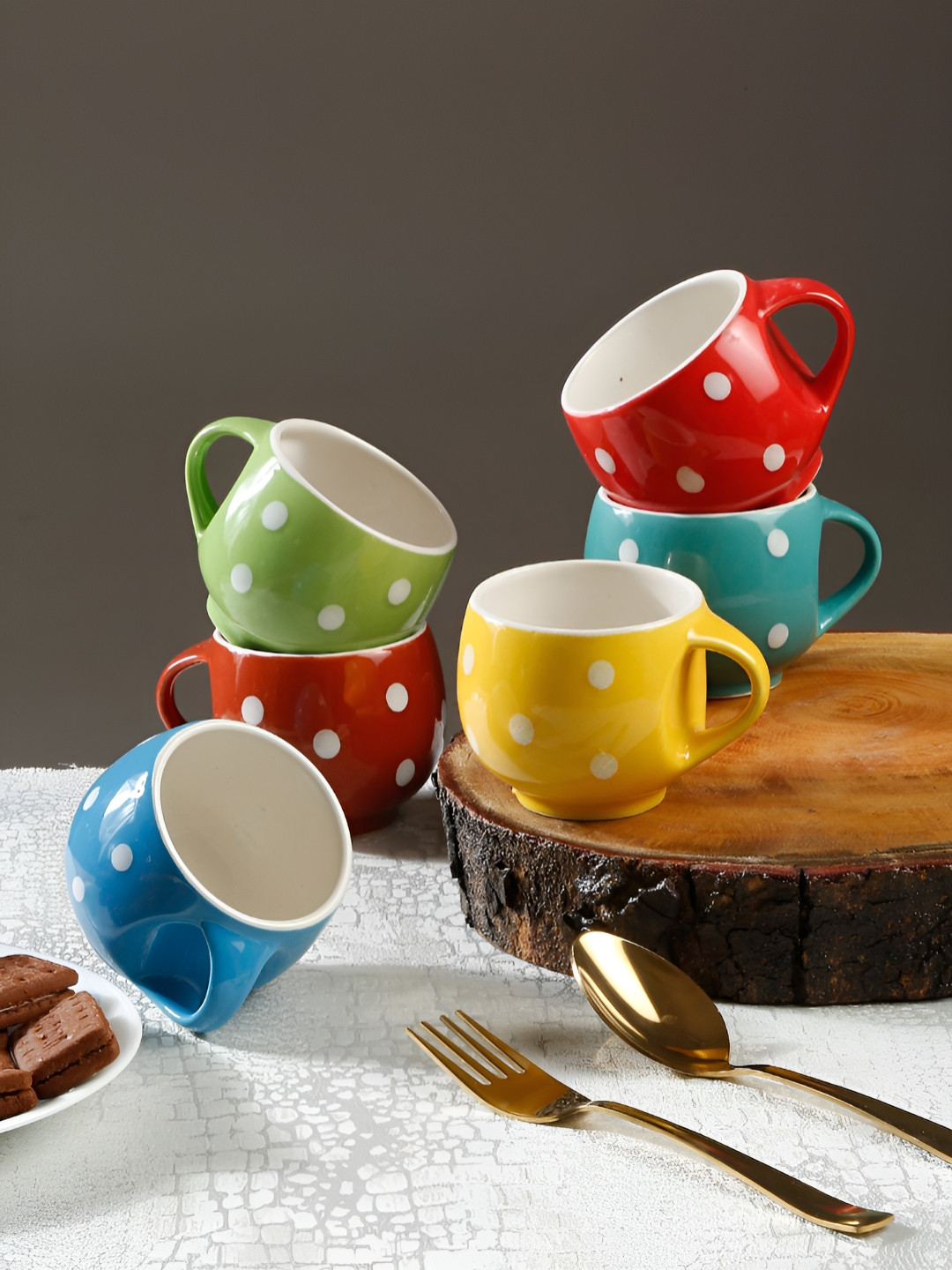 Myntra Elegant Homes New Modern Design White Polka Dots Ceramic Handmade 6 Piece Cups-150ml