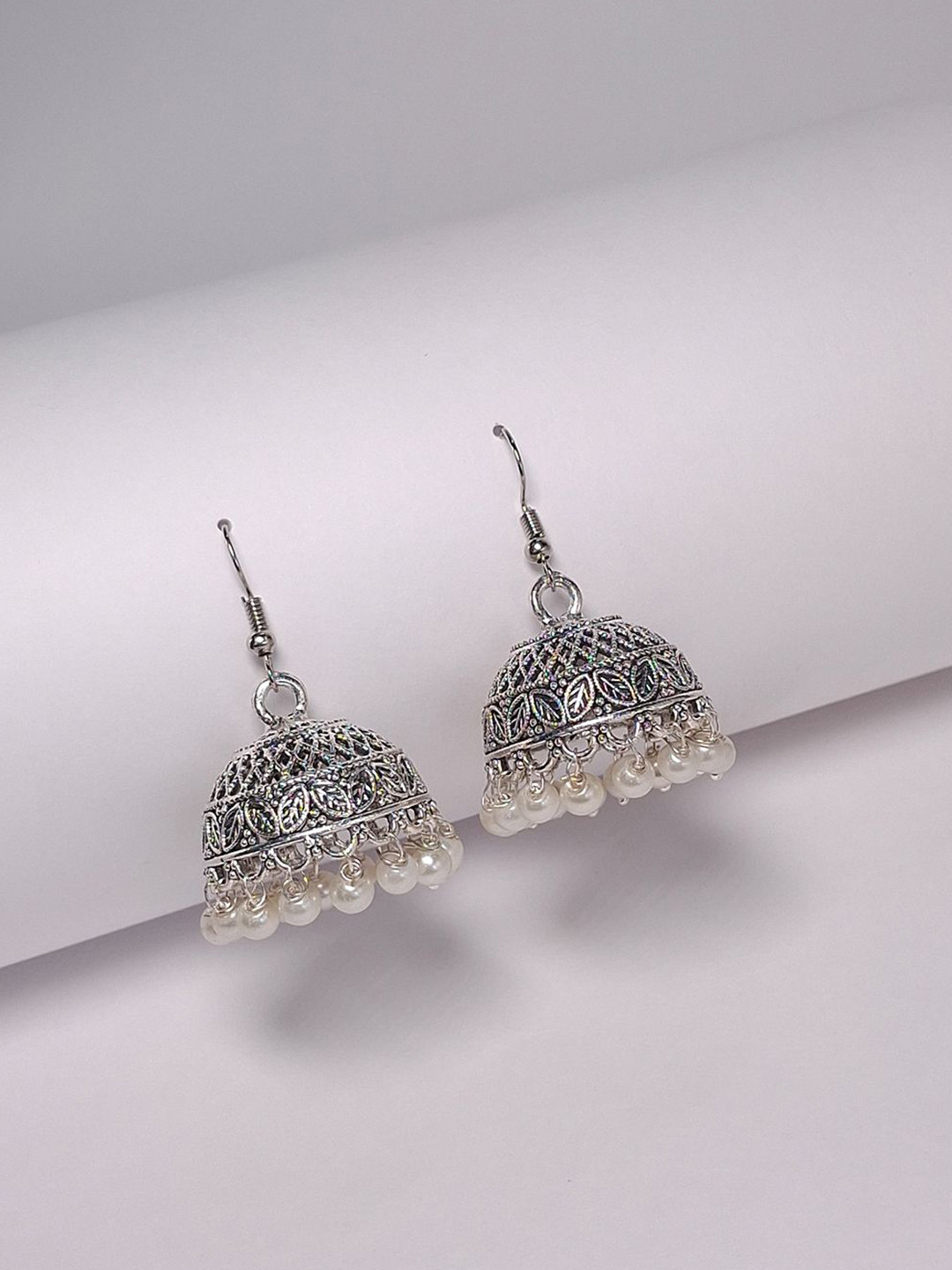 HOPMEE Brass Silver-Plated Oxidised Pearls Dome Shaped Jhumkas
