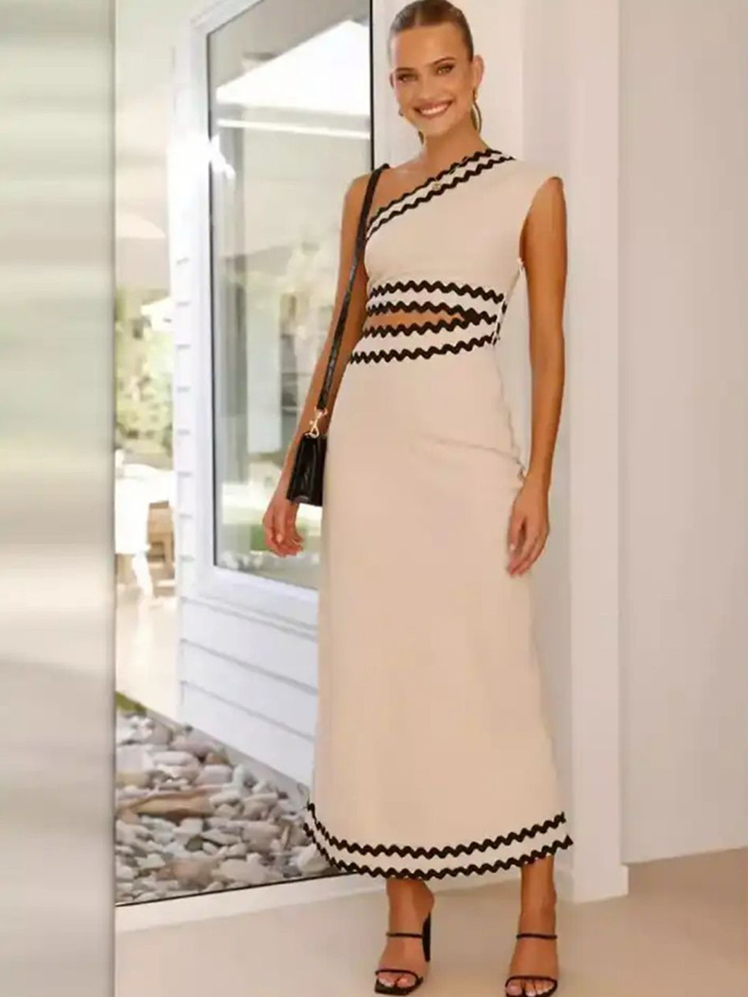 Miss Mosa By Akanksha  Women Beige Sirina Statement Oneshoulder Summer Dress