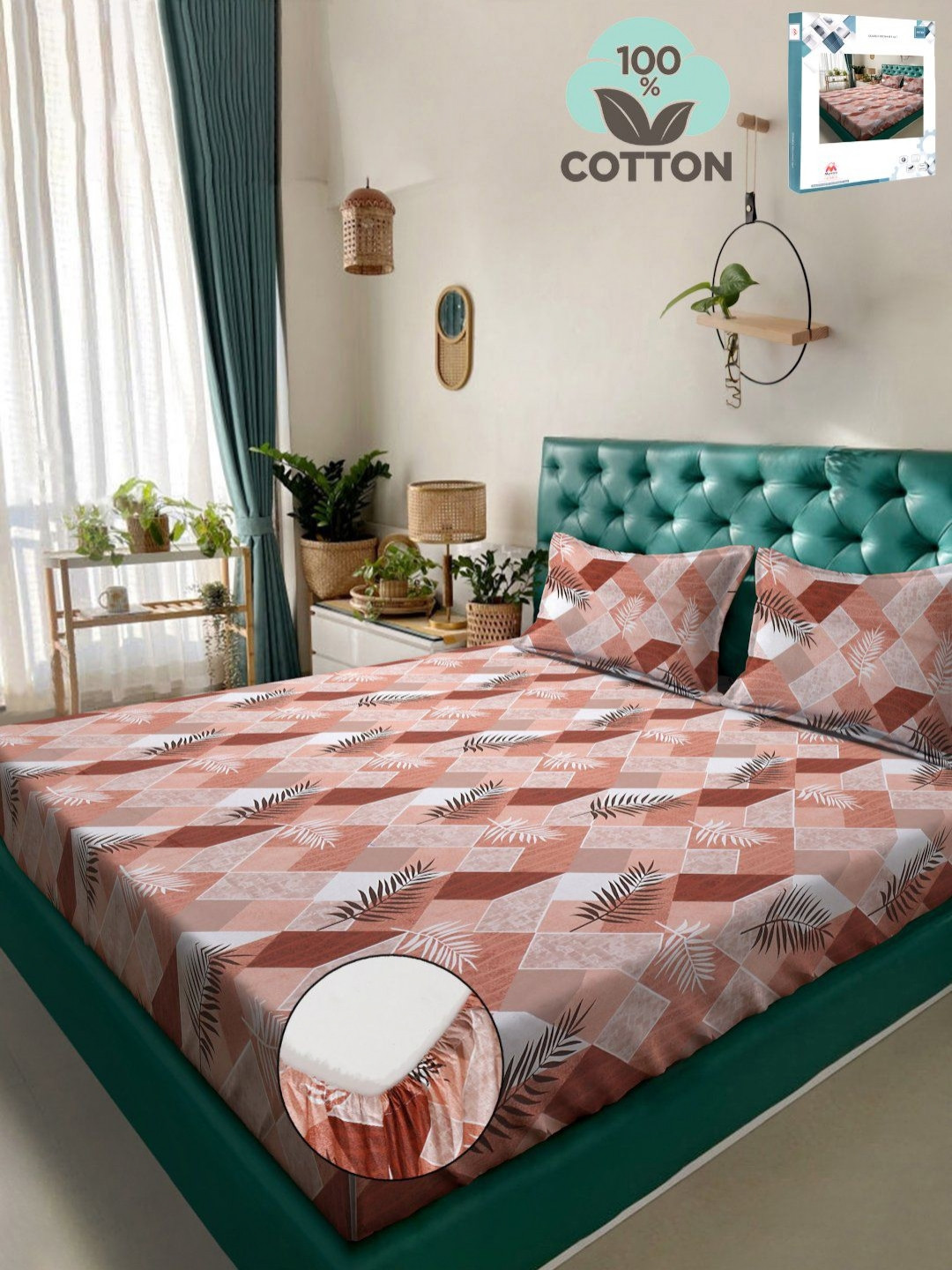 Myntra Elegant Homes Rust Leaf Cotton Shrink Resistant 400 TC Fitted King Superfine Bedsheet with 2 Pillow Covers-250 x 225 cm