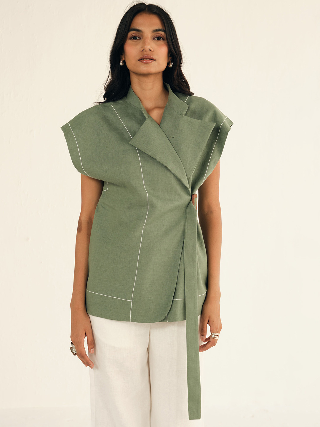 Shop Staple Lightweight Crop Tailored Linen Jacket with Embroidered