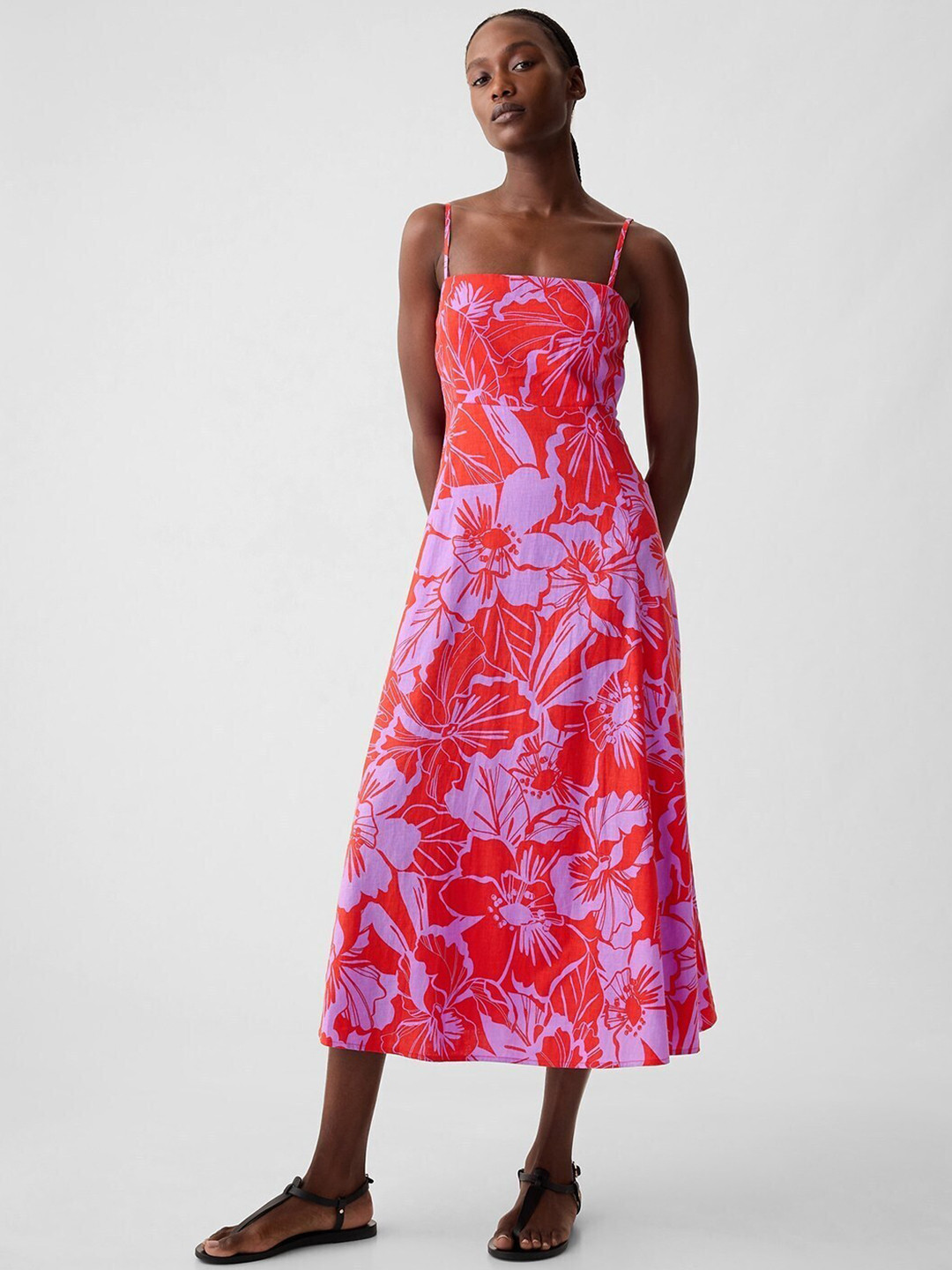 GAP Floral Printed Shoulder Straps Smocked Fit And Flare Midi Dress