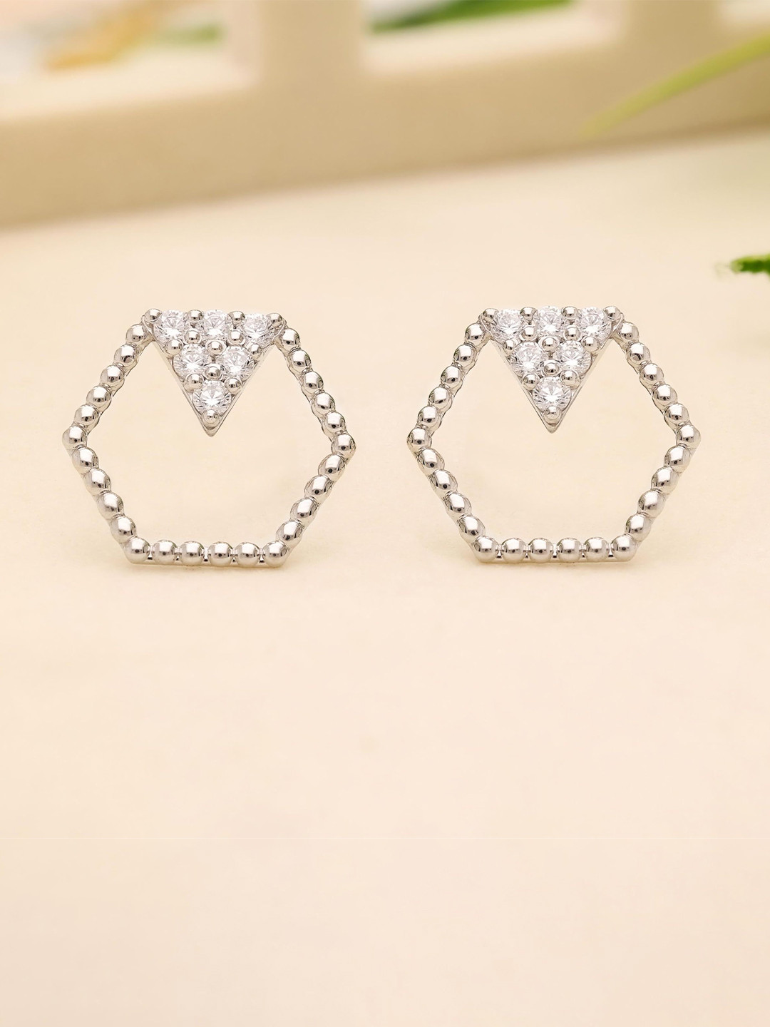 AMONROO 92.5 Silver Rhodium-Plated Cubic Zirconia Hexagon Studs Earrings
