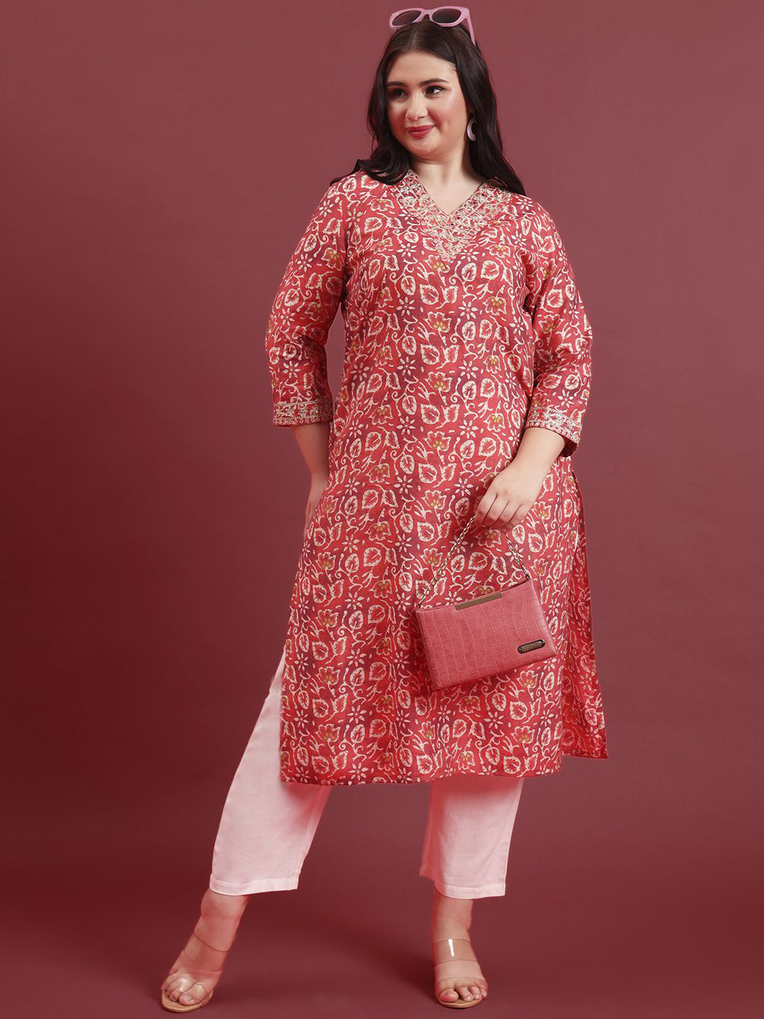 Aspriya Women Floral Printed Sequinned V-Neck Chanderi Silk Plus Size Kurta